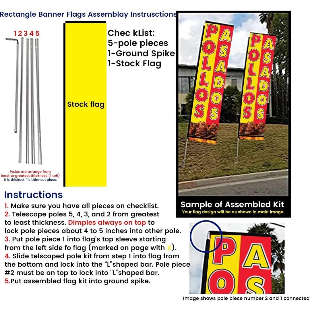 Pollos Asados Rectangle Feather Banner Flag Sign with 15&prime; FT Pole Kit and…