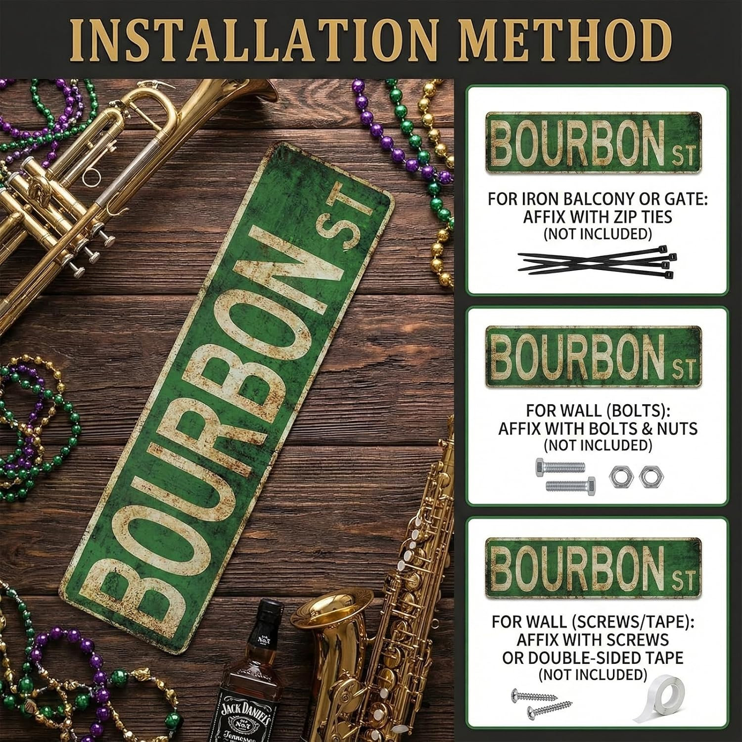 Vintage Bourbon Street Metal Sign 4×15 inch | Rust-Free Aluminum New Orleans Wal