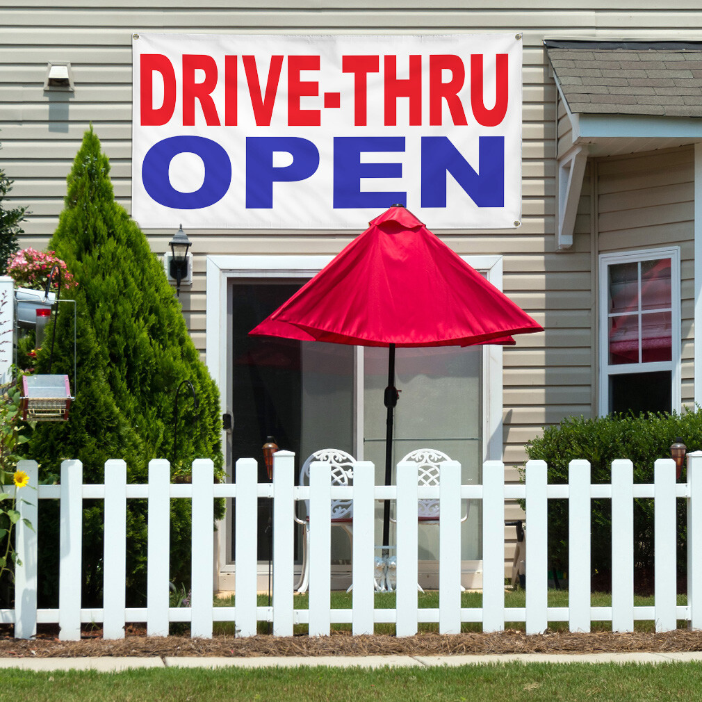 Vinyl Banner Multiple Sizes Drive-Thru Open Red Blue Business Now Open Outdoor