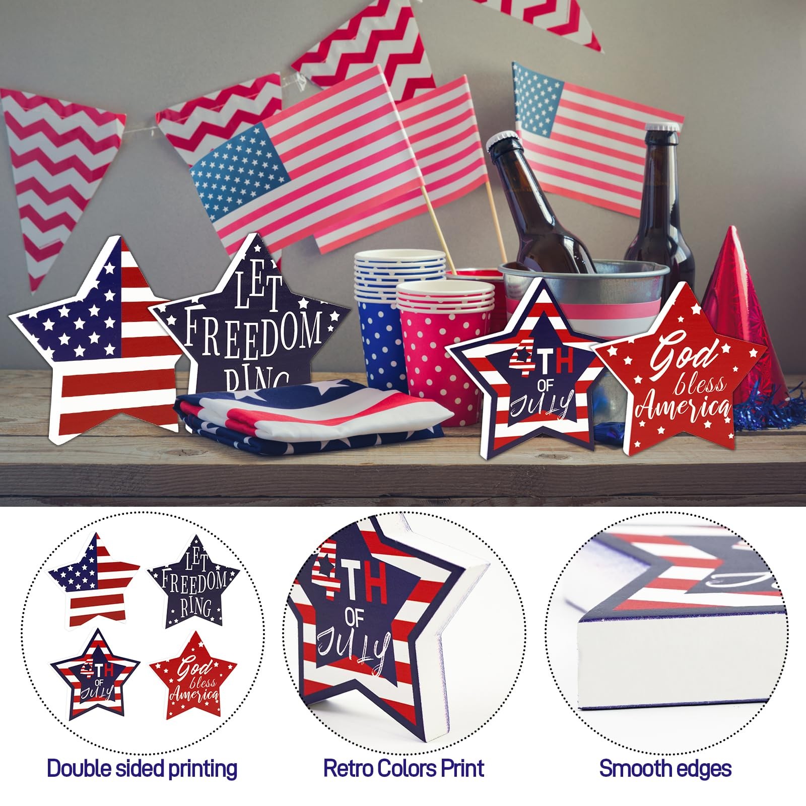 4th of July Decorations, 4 Pcs Wooden Star Signs Patriotic Wood Star Standing…