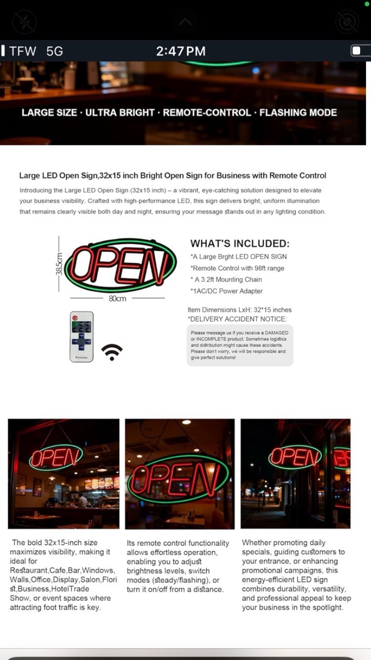 32 » X 15 » ASBAVA Super Bright LED Open Sign For Business Remote Controlled Blu