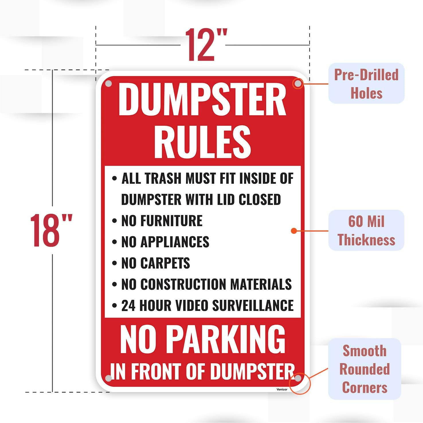1PC Dumpster Rules Sign, 18 X 12 Inches – Aluminum – Private Dumpster No Trash S