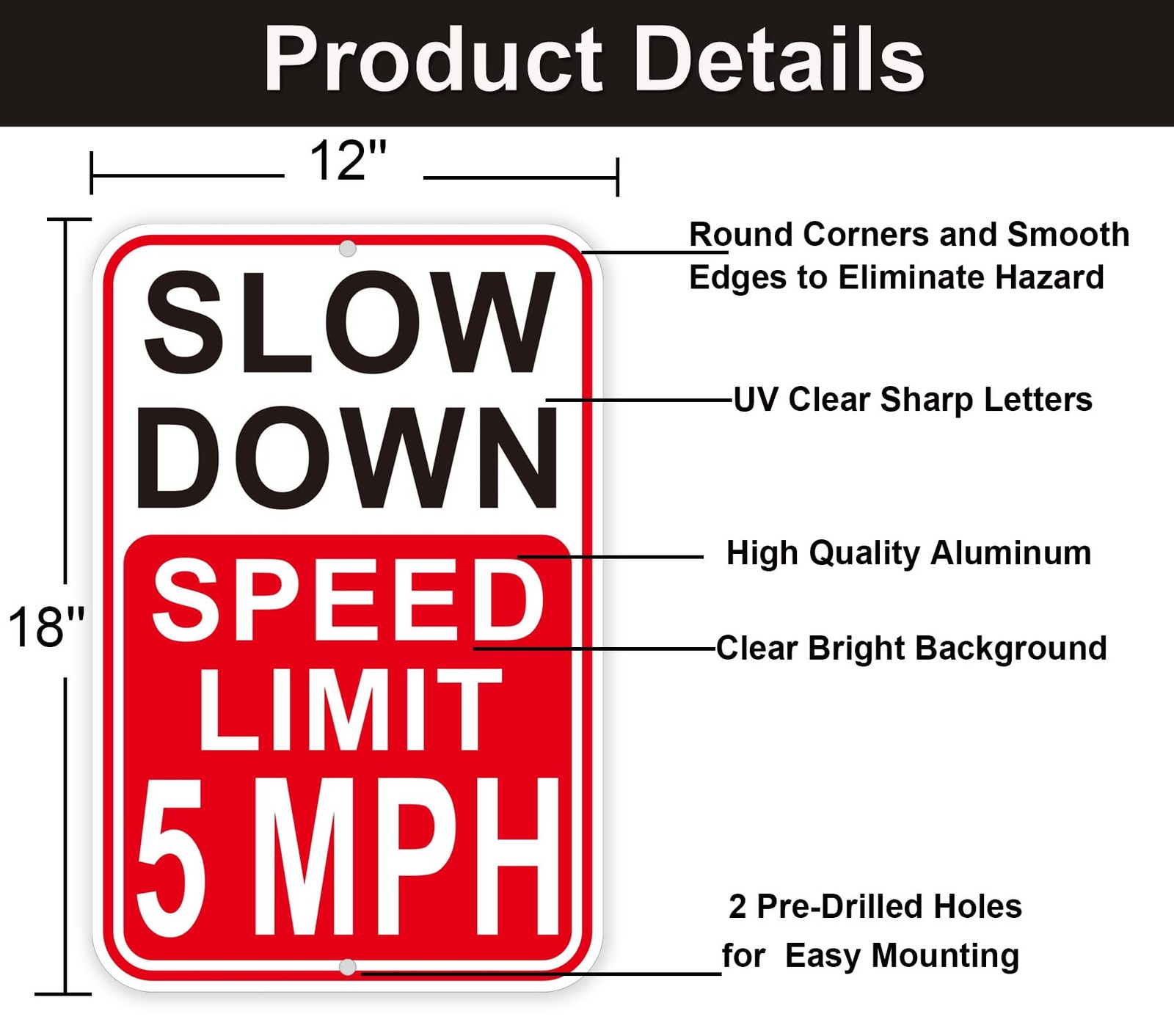 2 PCS Slow Down Speed Limit 5MPH Sign Reflective Aluminum 18 x 12 Inch