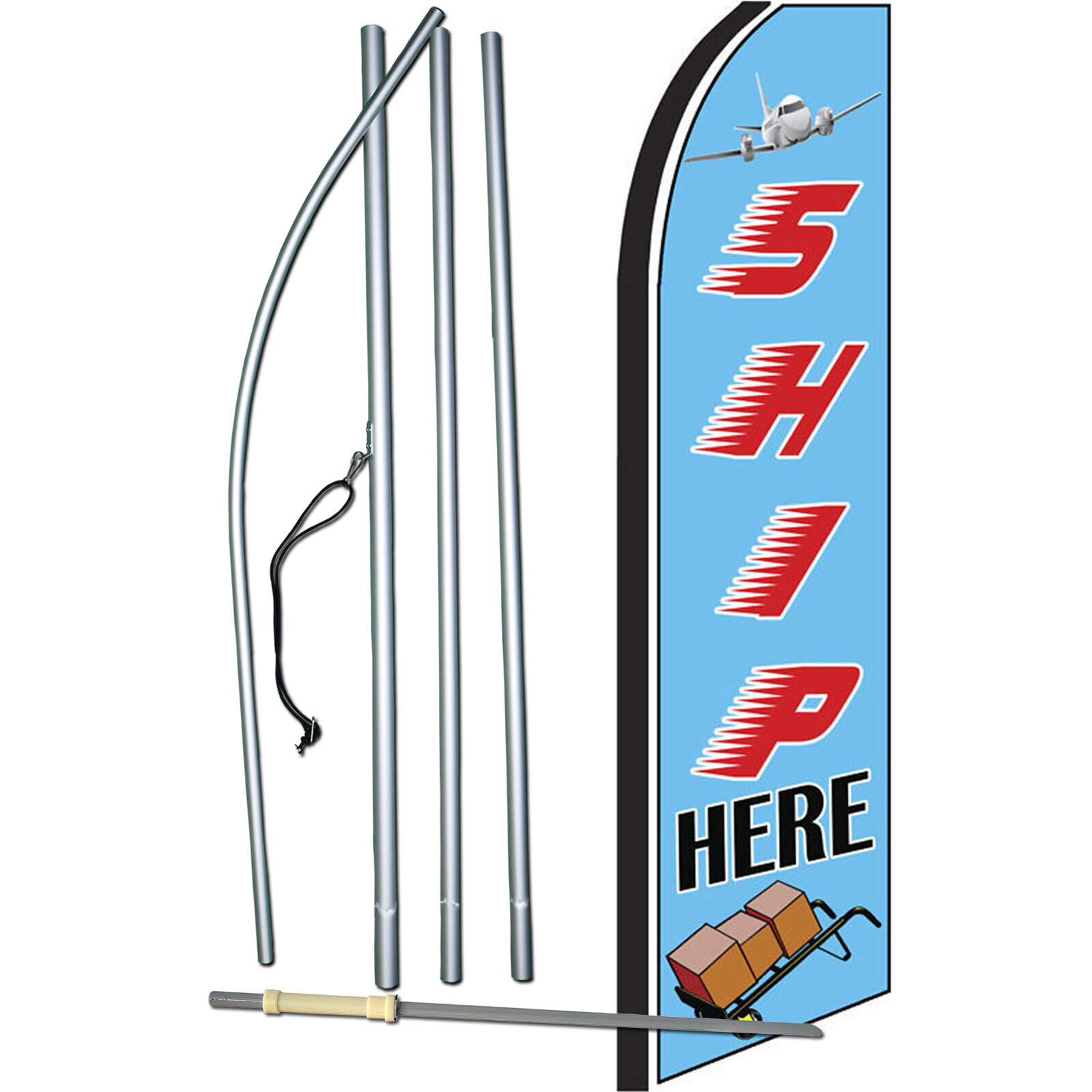 Ship Here Blue/Red Flag with Flag Pole and Spike