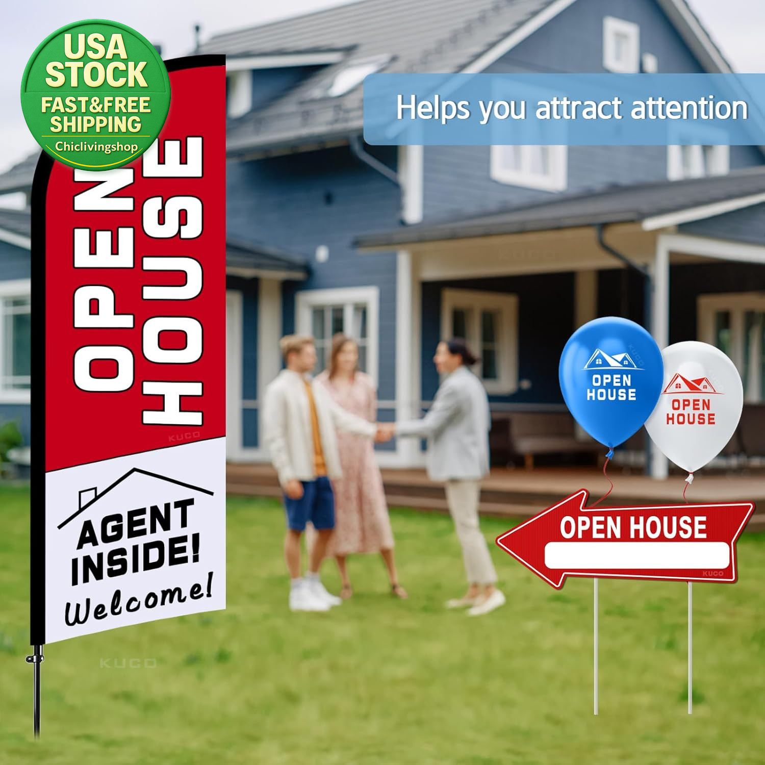 Open House Signs Kit 45 Pcs with Flag Directional Arrows Balloons for Real