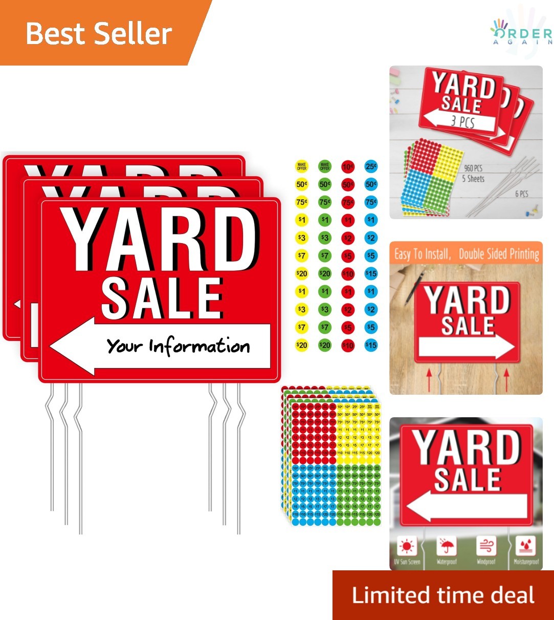 Yard Sale Signs 3 Pack Double Sided Fluorescent Plastic with Stakes & Labels