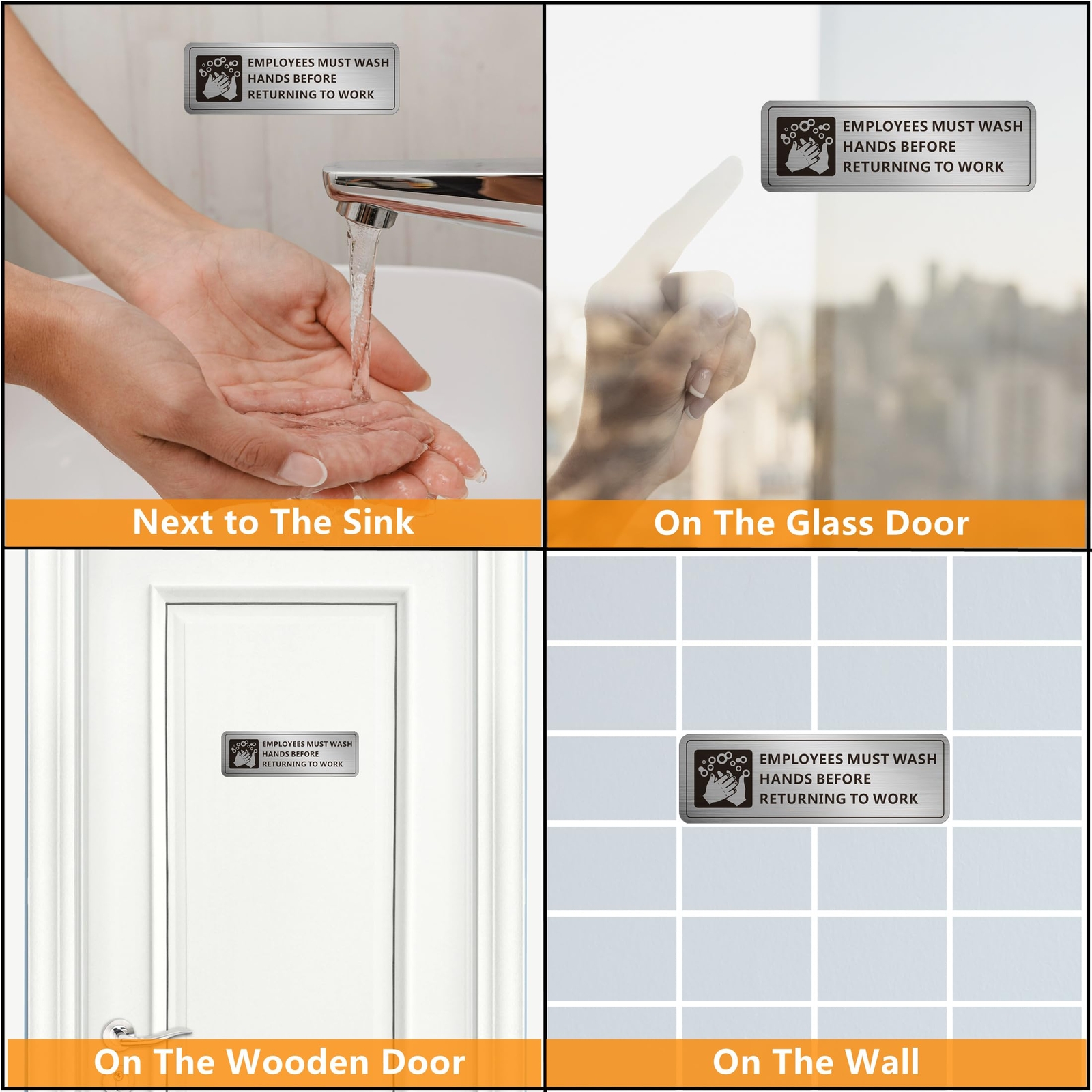 (4 Pack) Employees Must Wash Hands Sign Self-Adhesive Metal Signage for Bath