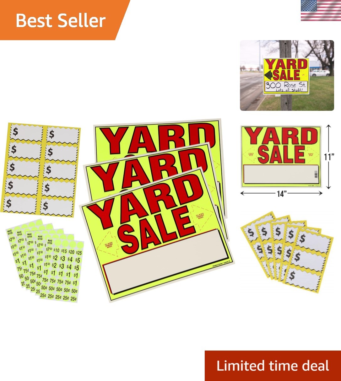 Complete Yard Sale Sign Kit: 3 Bright Neon Signs & 200 Pricing Stickers Included