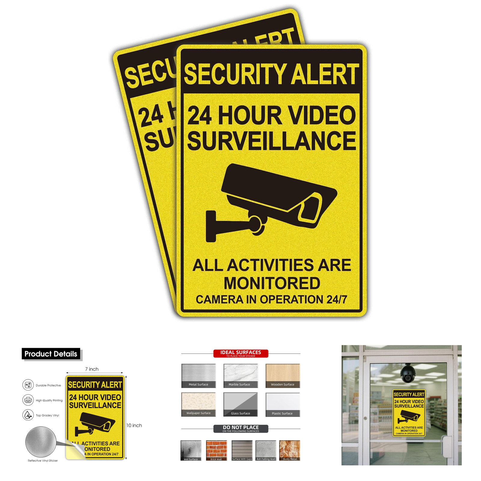 Security Signs Video Surveillance Sticker 24 Hour Security Camera Decal 2 Pack