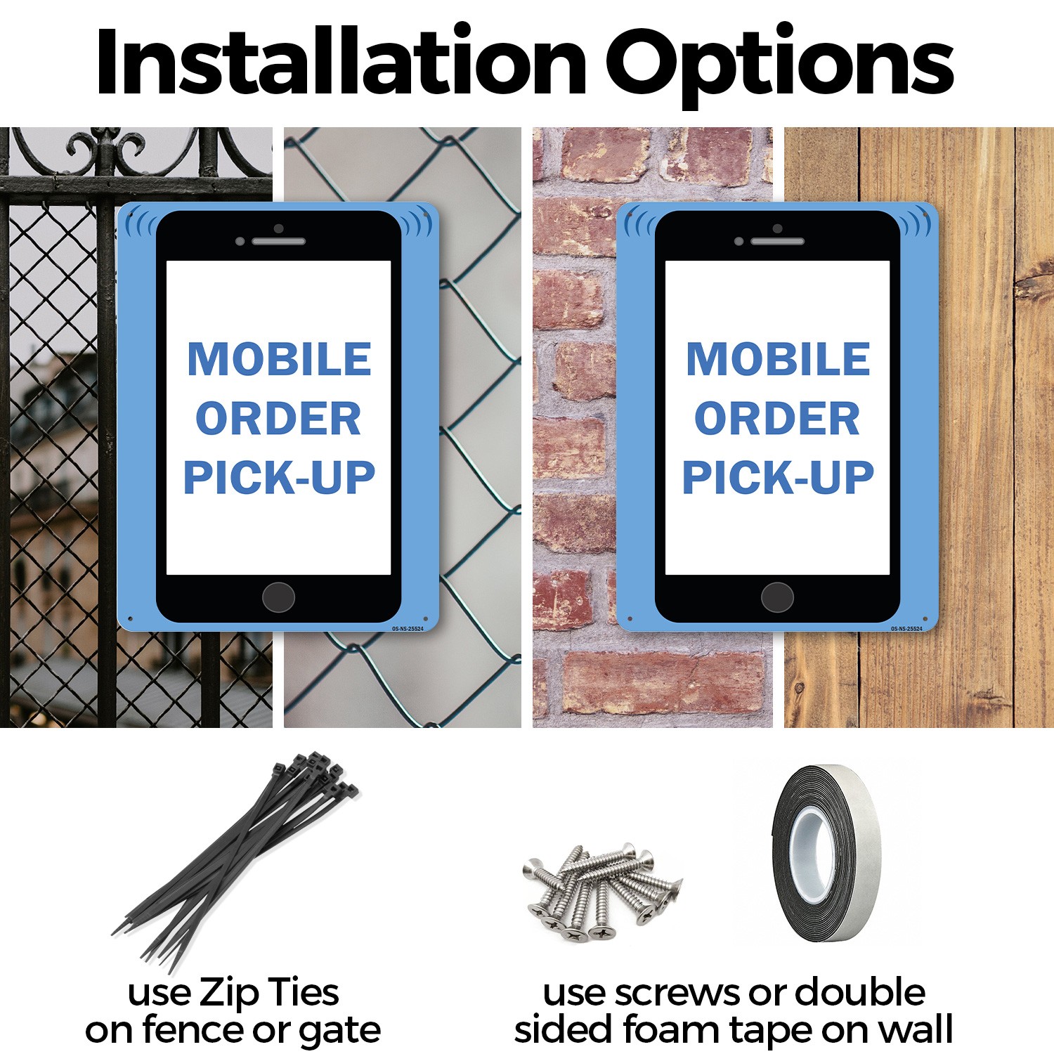 Mobile Order Pick Up Public Safety Sign Metal, Plastic, Or Decal – 5 or 10 Pack