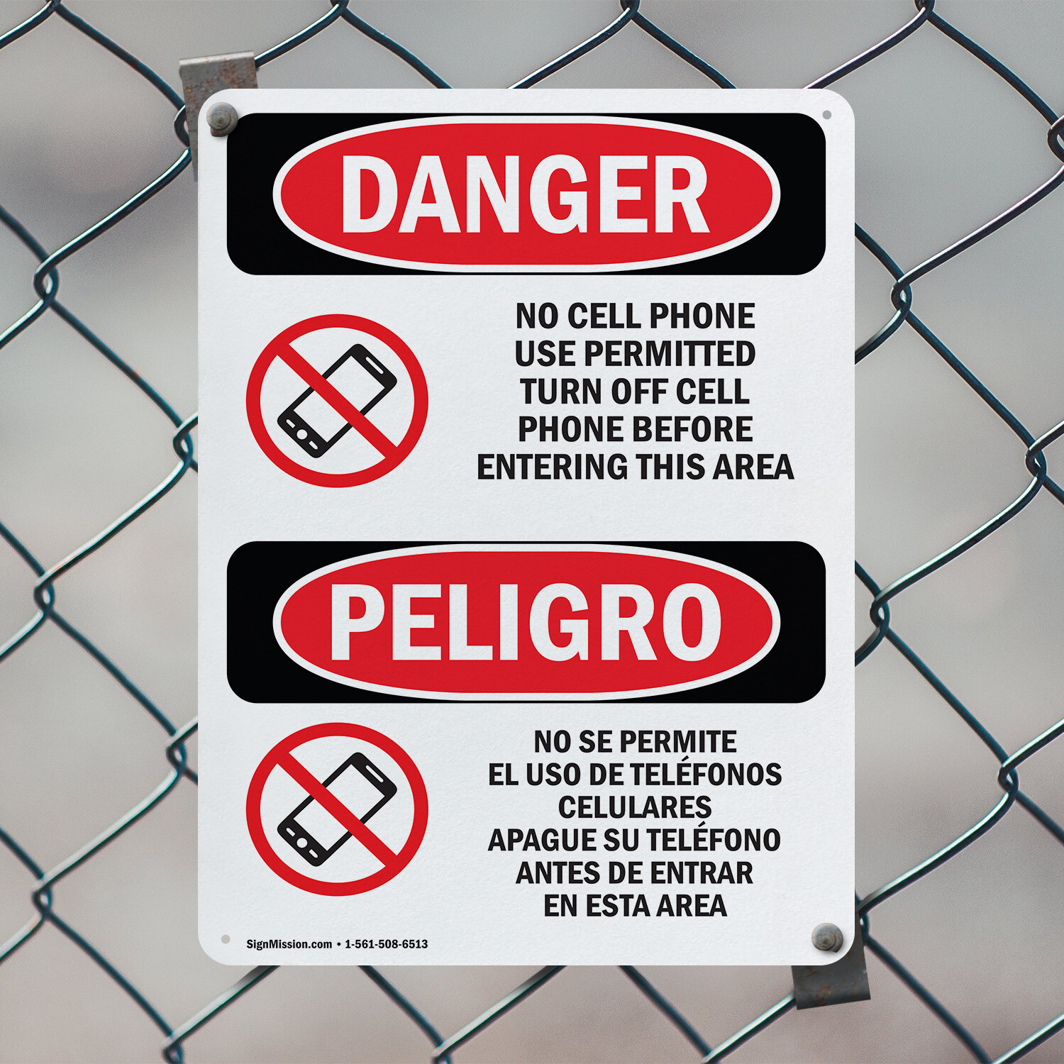 (2 Pack) No Cell Phone Use In Area Bilingual OSHA Danger Sign Decal Metal