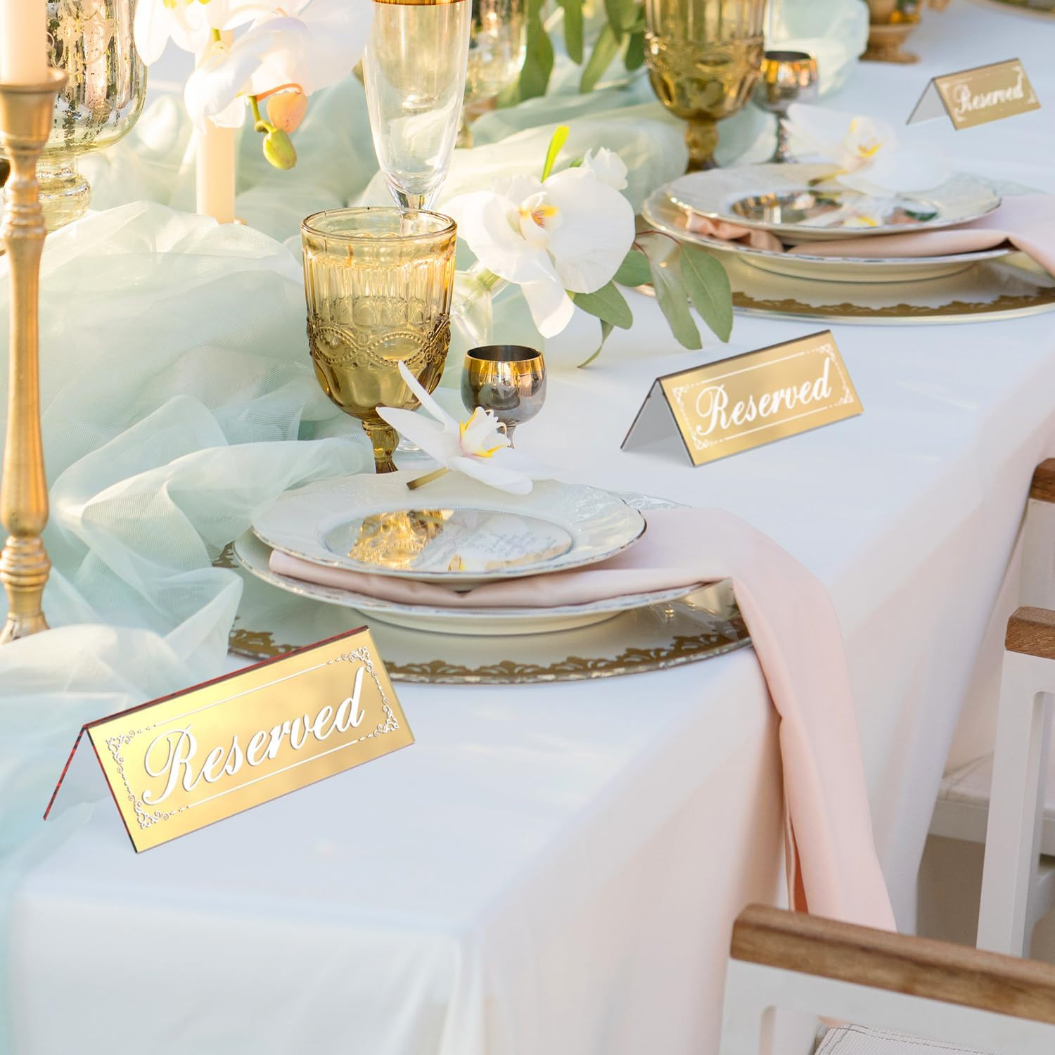 12 Pcs Mirrored Gold Reserved Table Signs, 6&Prime; X 2&Prime; Double-Sided Table Tent Sign