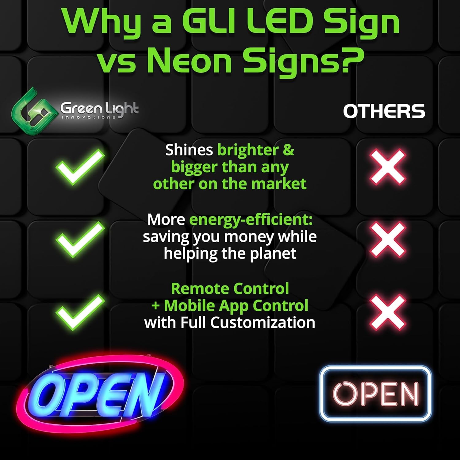 GLI LED Open Sign – 64 Color Combos & App Control – 15×32 Inch Business Sign