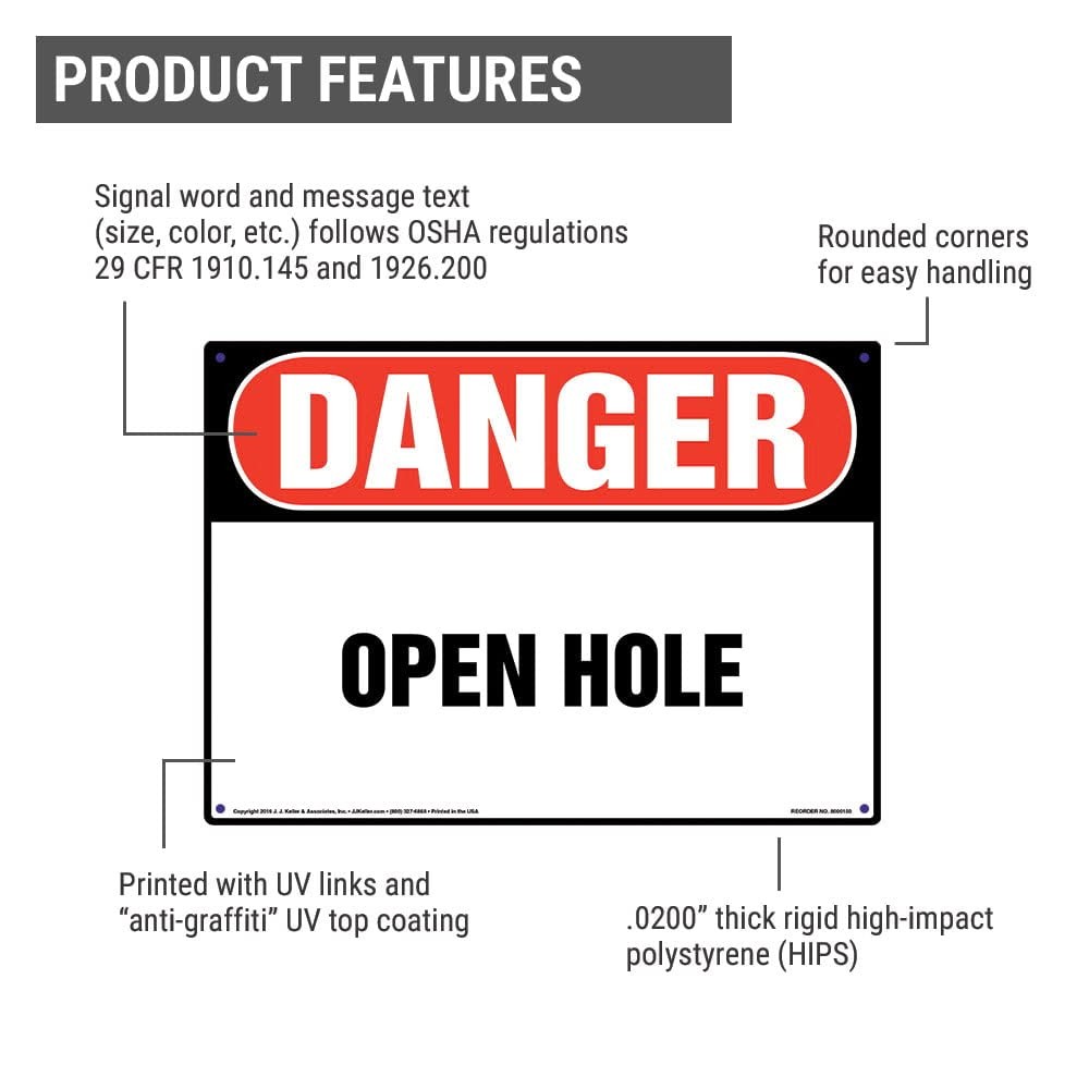 Danger Open Hole Sign 14×10 Inch Plastic Rounded Corners OSHA Compliant