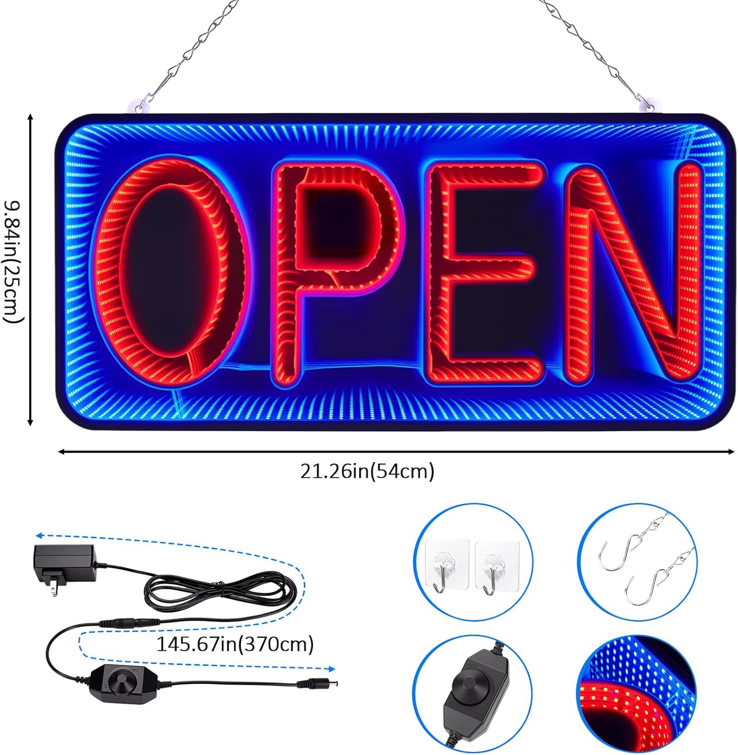 Dimmable 3D LED Open Sign – Double-Sided Infinity Mirror for Business Decor