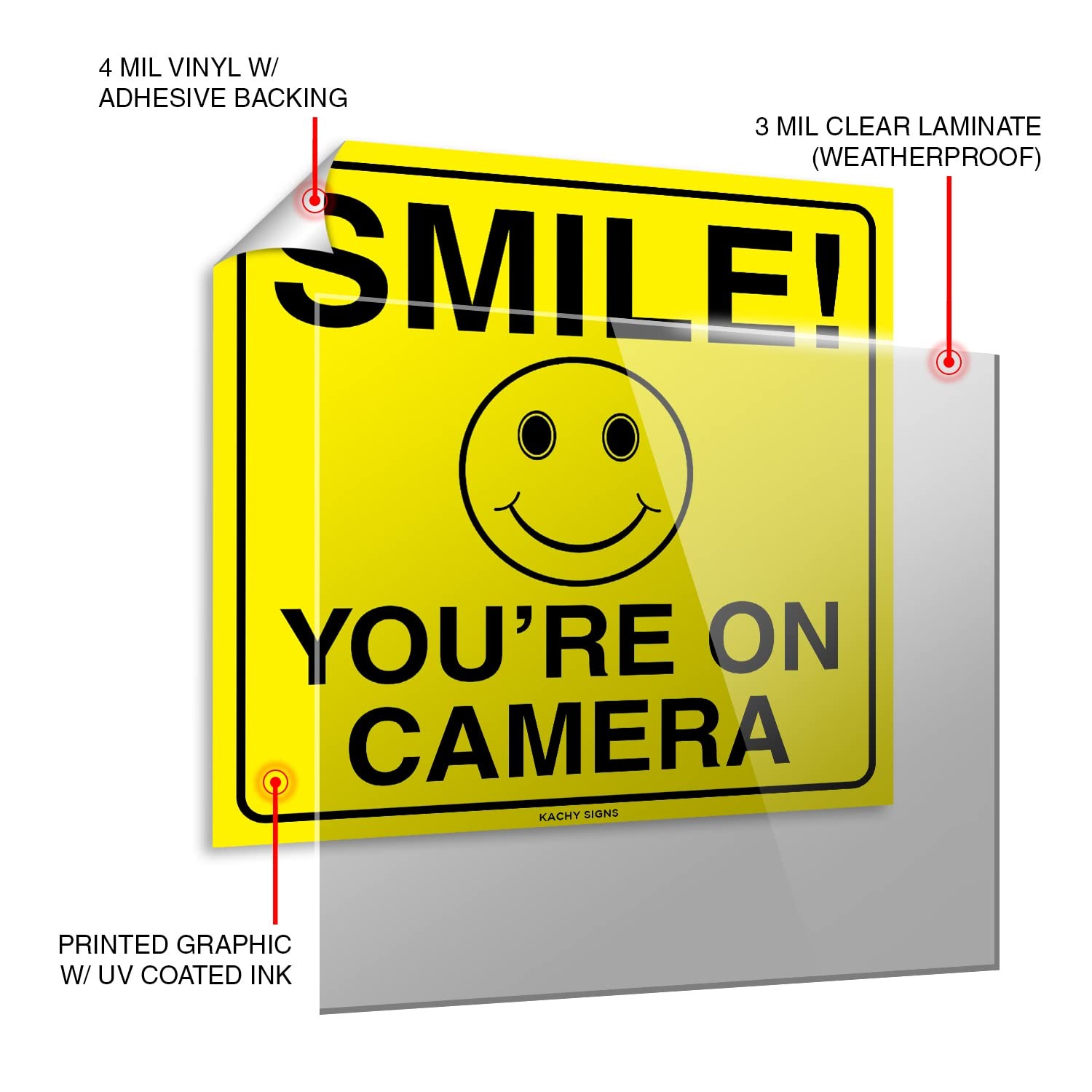 4 PCS 6×6 Inch Smile You&rsquo;re On Camera Sign Self Adhesive Vinyl Decal Sticker