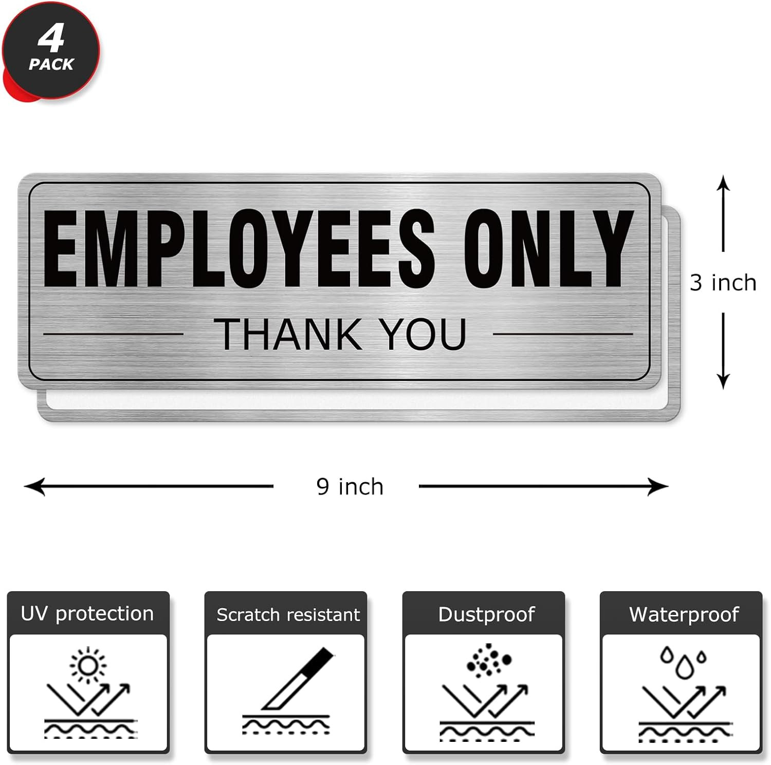 Employees Only Sign Aluminum Silver 9 x 3 Inches Self-Adhesive Waterproof Metal
