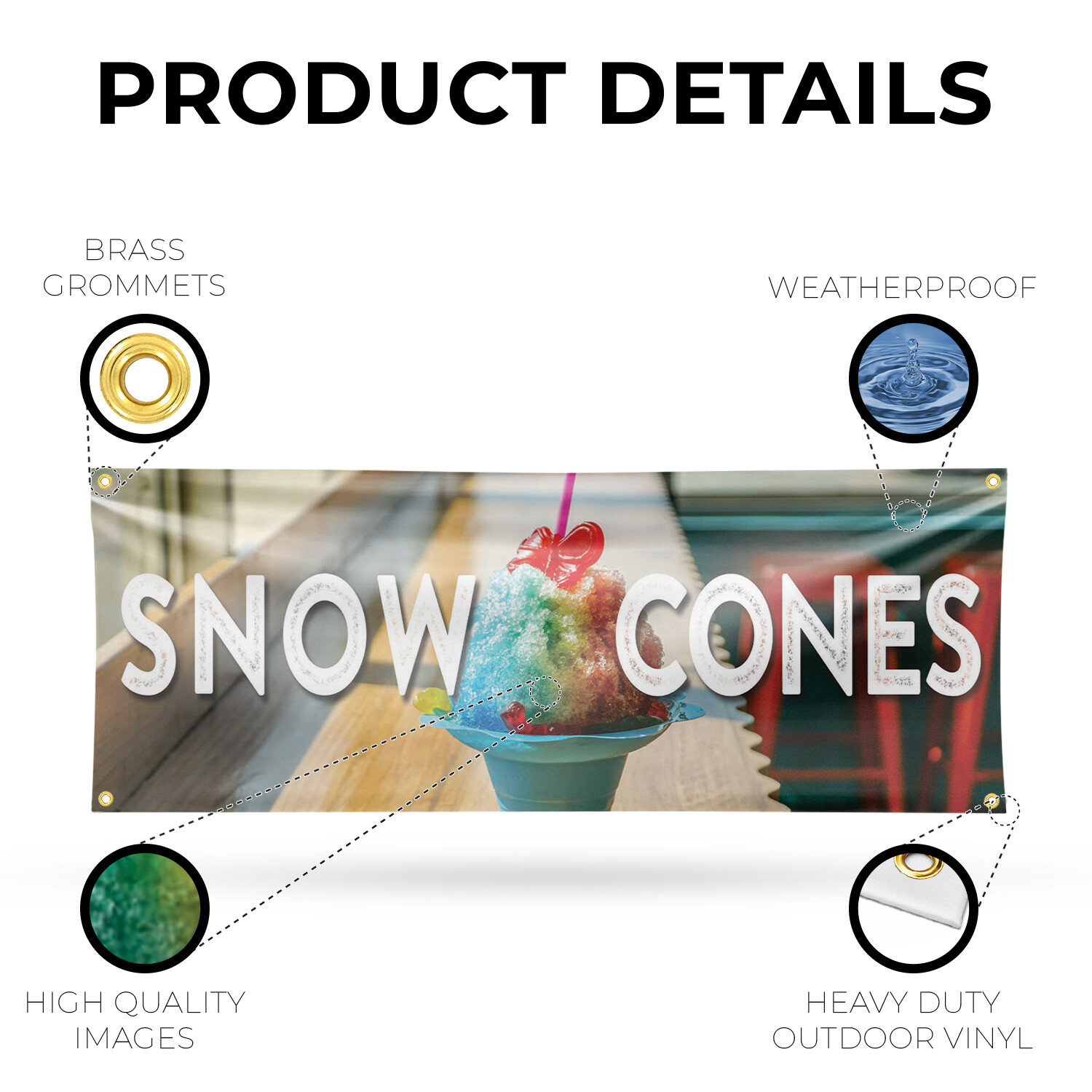 Snow Cones 13 oz Vinyl Banner Sign with Metal Grommets Heavy-Duty Single-Sided