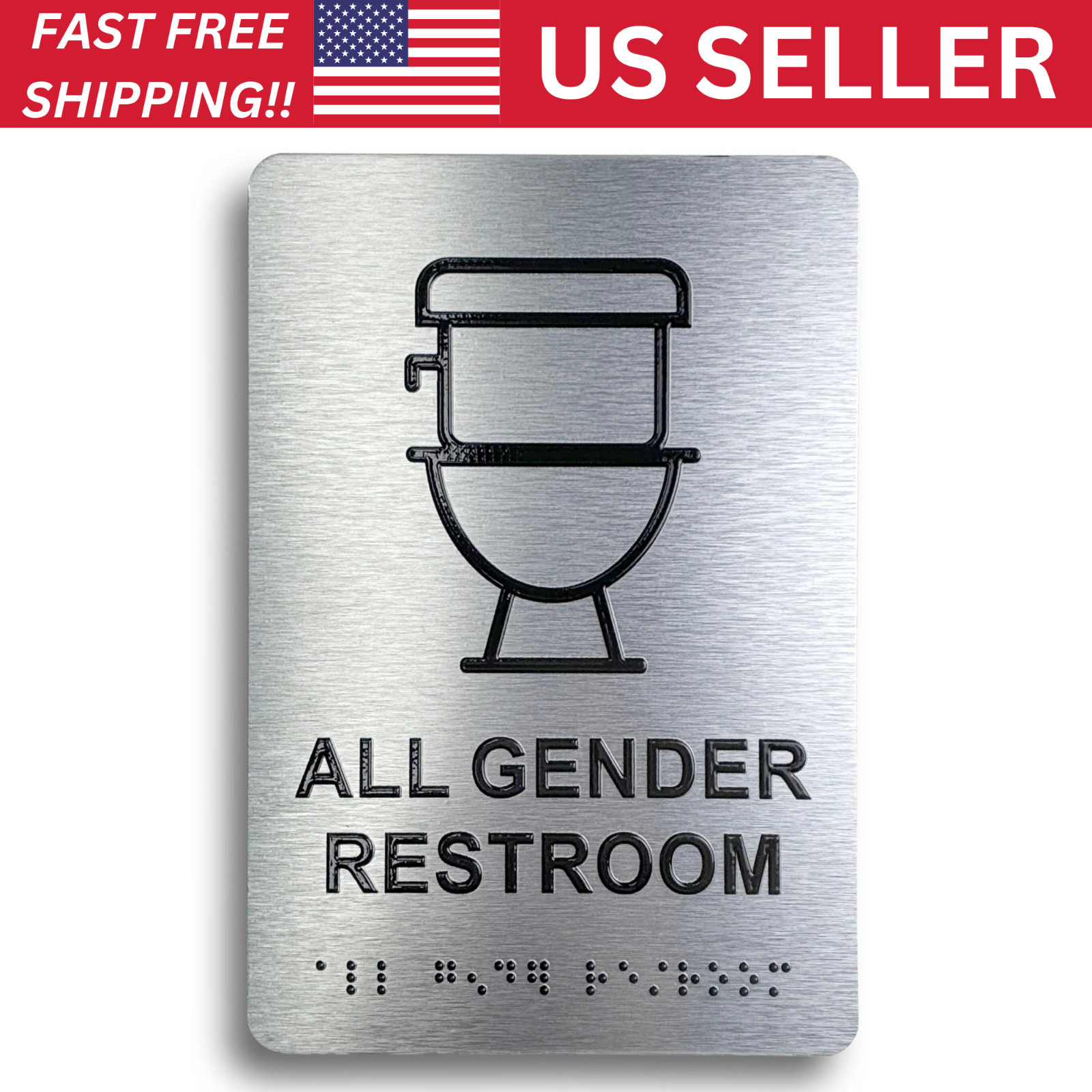 ADA Compliant, Restroom Signs, Brushed Aluminum with Braille text 6&Prime;x9&Prime;