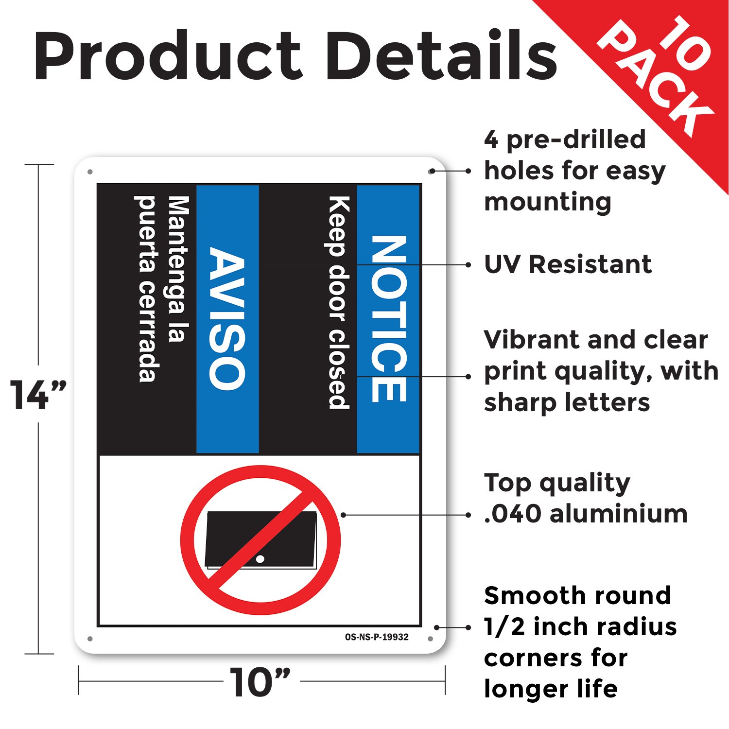 Keep Door Closed (Bilingual Spanish) ANSI Notice Sign Or Decal – 5 or 10 Pack