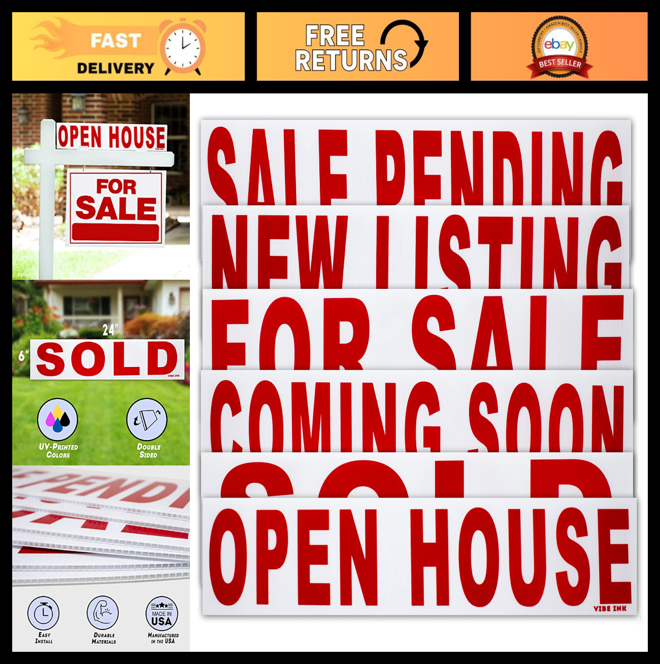 6 Pack Real Estate Rider Signs 6×24&Prime; – For Sale, Open House, Sold, New Listing –