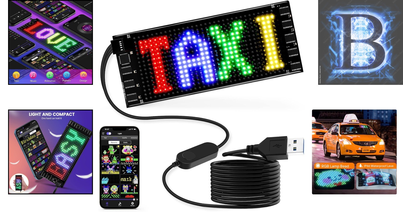 Colorful 7 »x3 » USB LED Sign with App Control – Perfect for Car Decorations