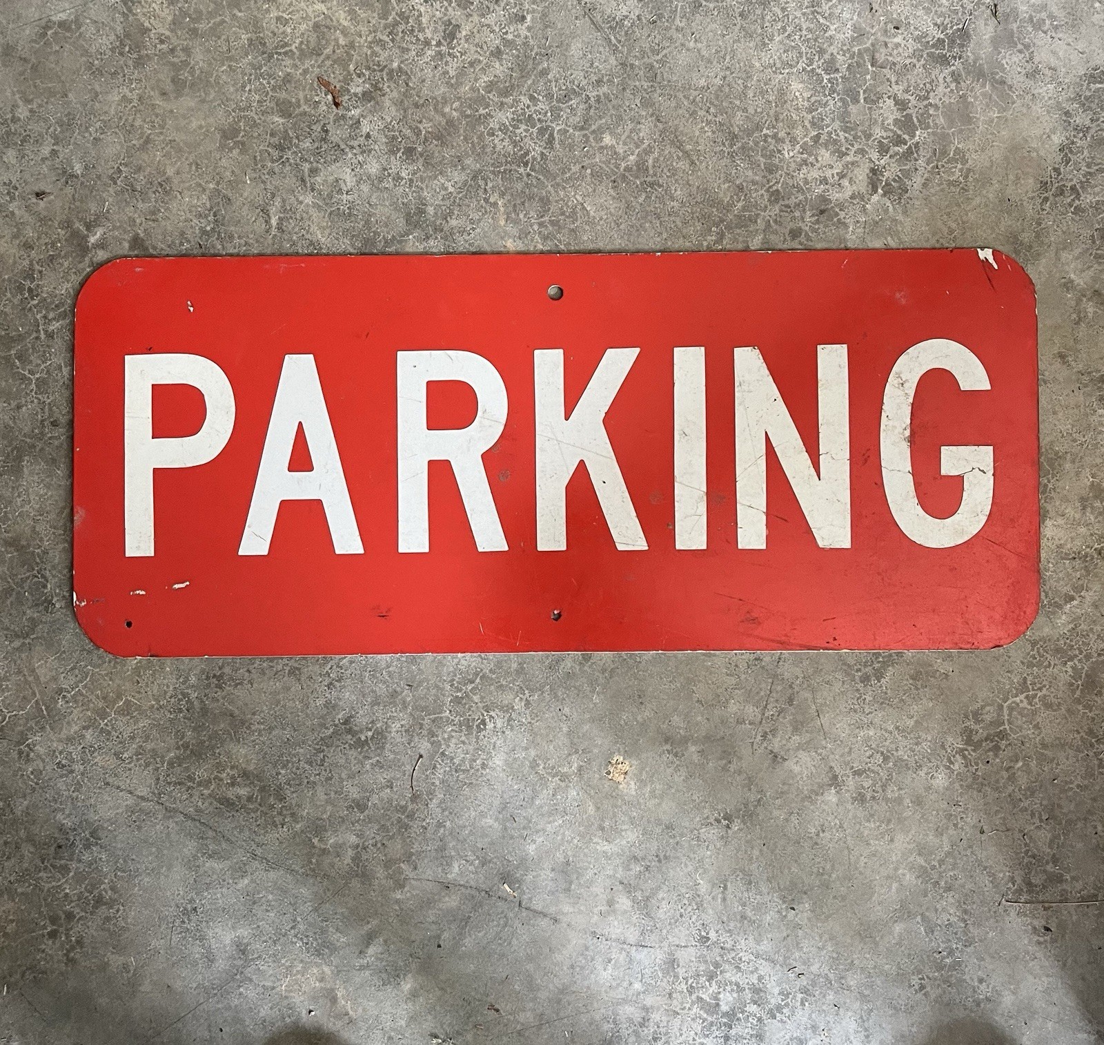 Red & White Metal “PARKING” Sign Measures 24” x 10” w/ 2 Pre-Drilled Holes