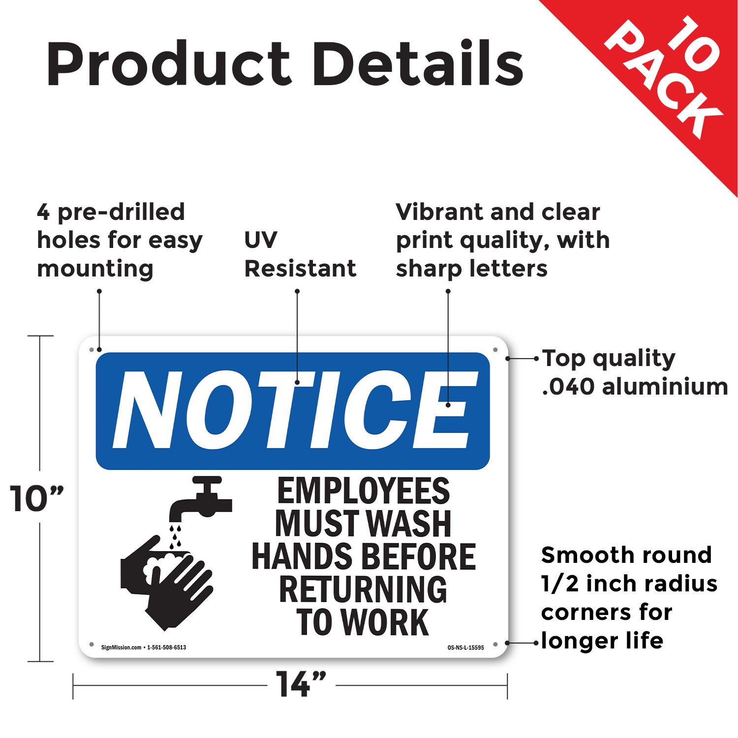 Employees Must Wash Hands Before Work OSHA Notice Sign Or Decal – 5 or 10 Pack
