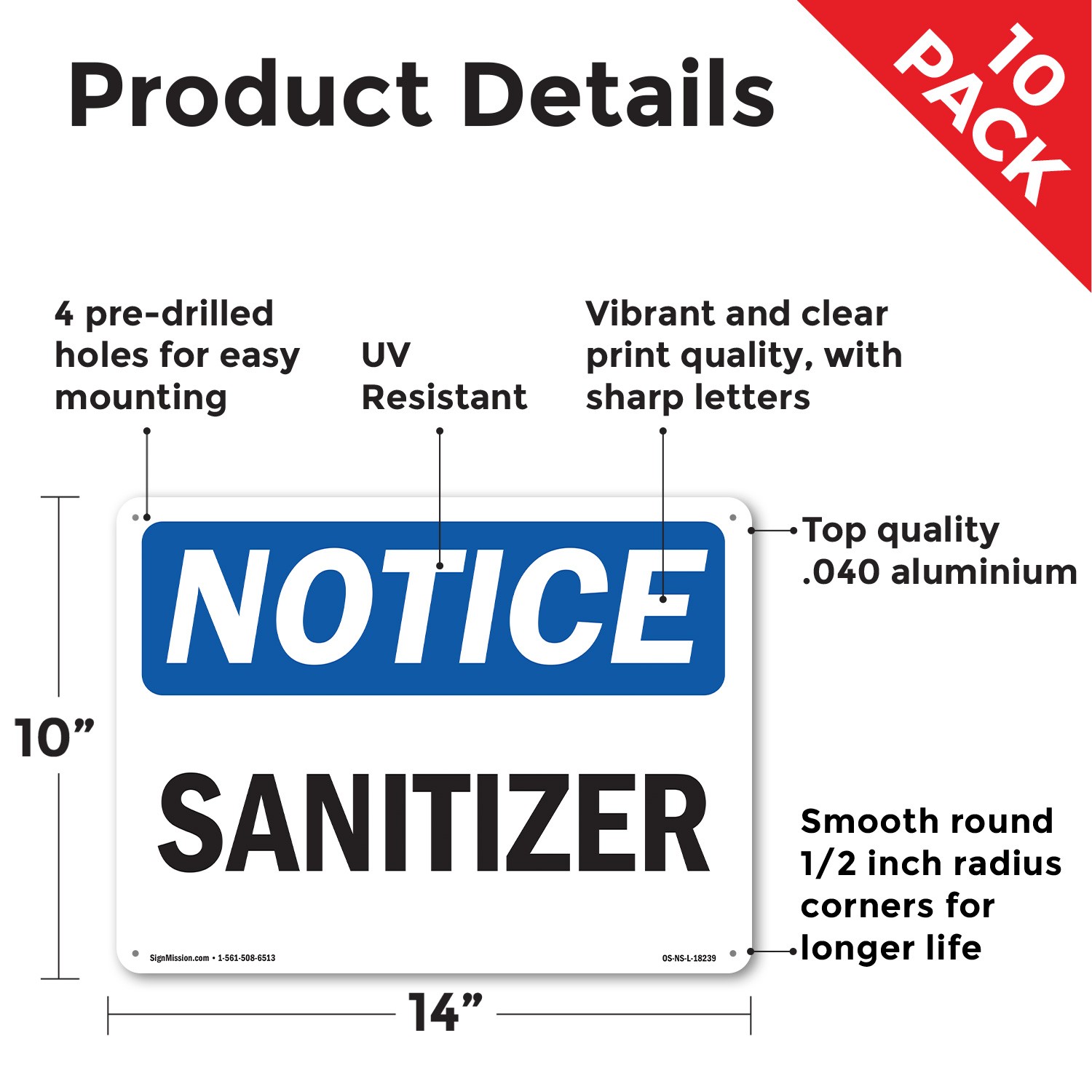 Sanitizer OSHA Notice Sign Metal, Plastic, Or Decal – 5 or 10 Pack