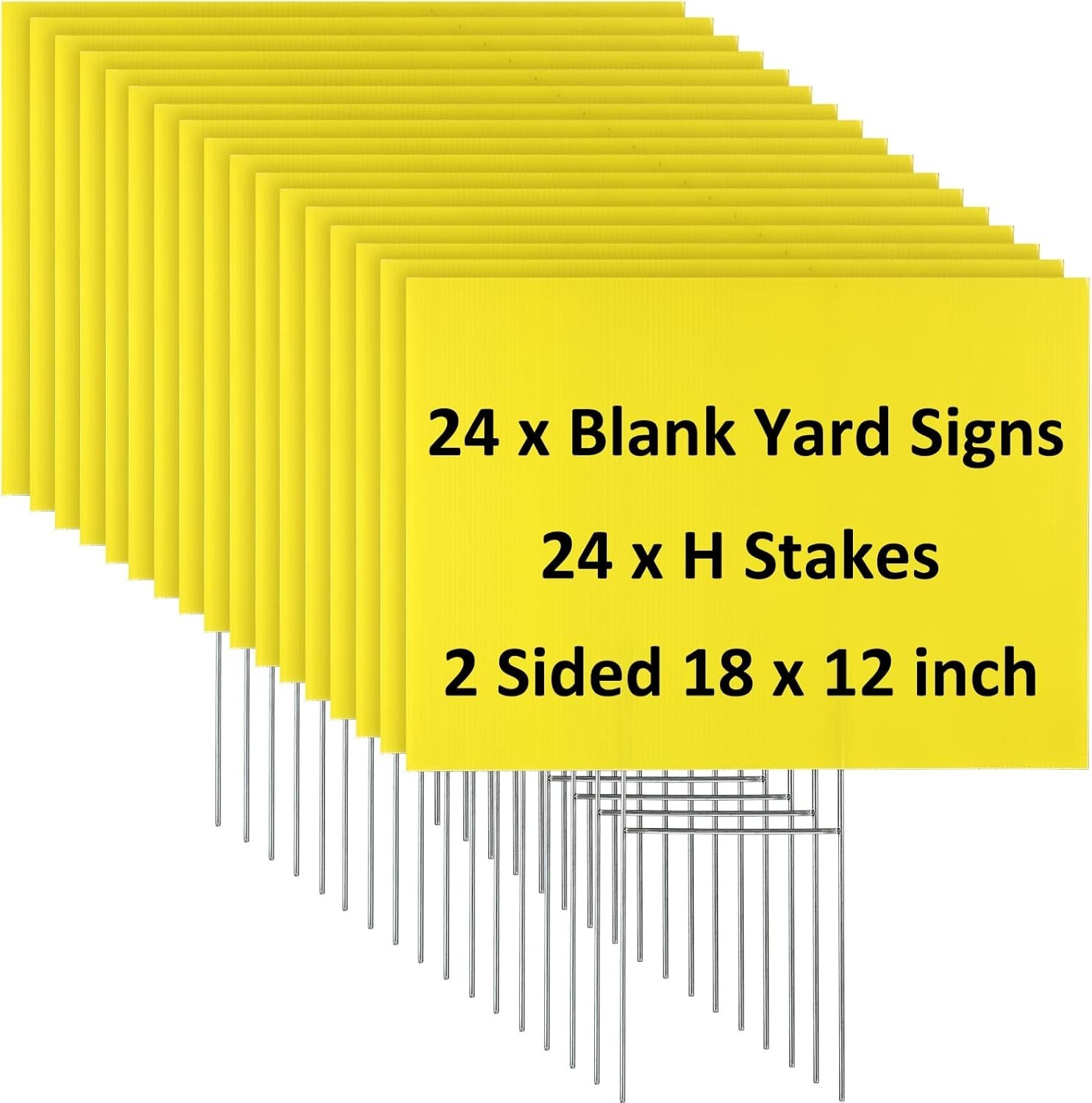 24 Blank Yard Signs with H Stakes – 12×18&Prime; Waterproof Custom Plastic – Yellow