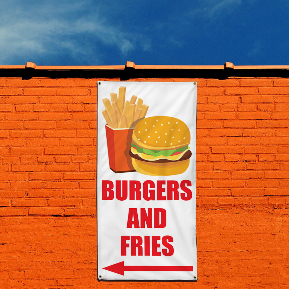 Vertical Vinyl Banner Multiple Sizes Burger and Fries White with Red Arrow