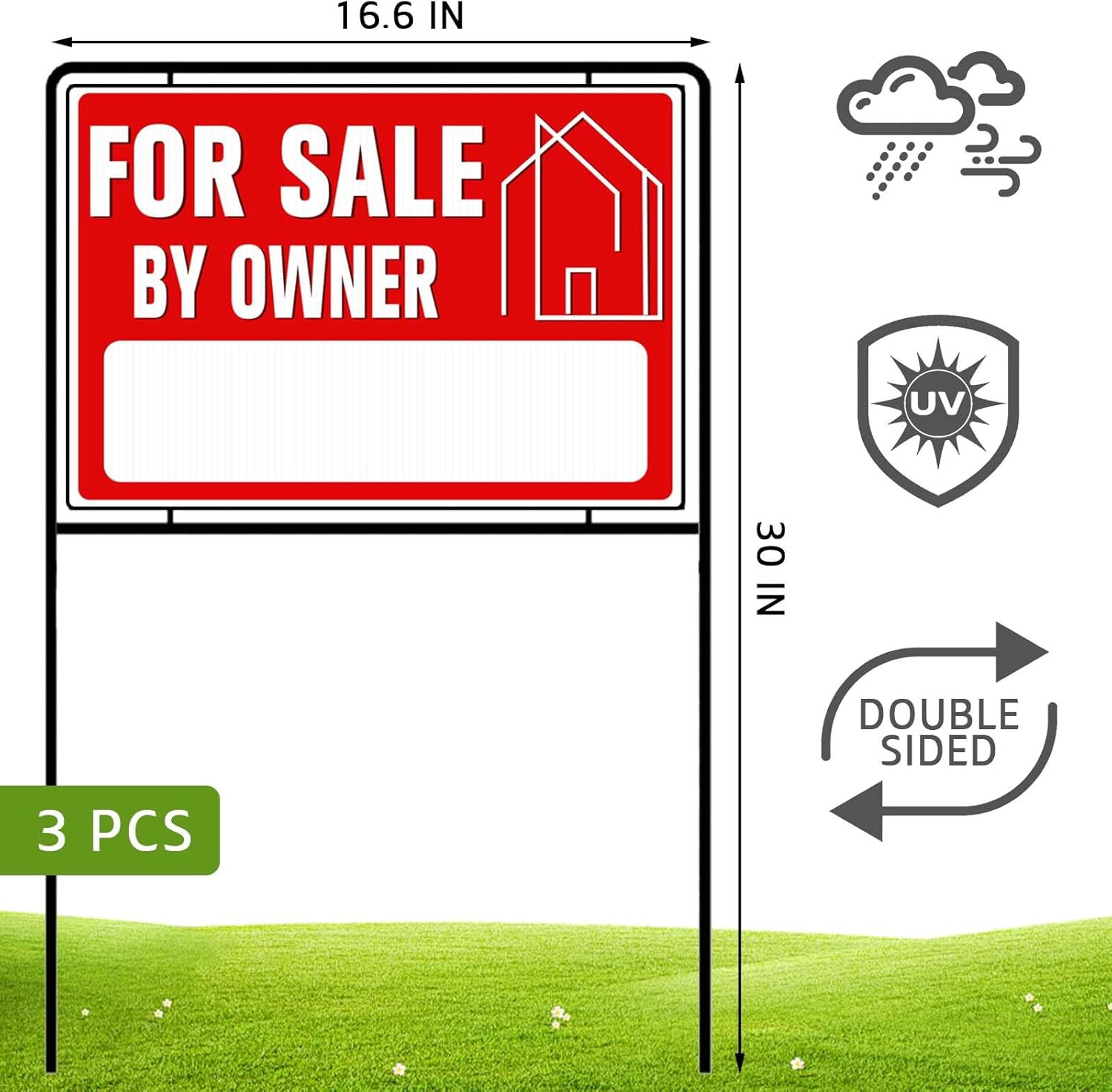 For Sale by Owner Yard Sign with Stakes, 30 Inches High, Double-Sided Printing,