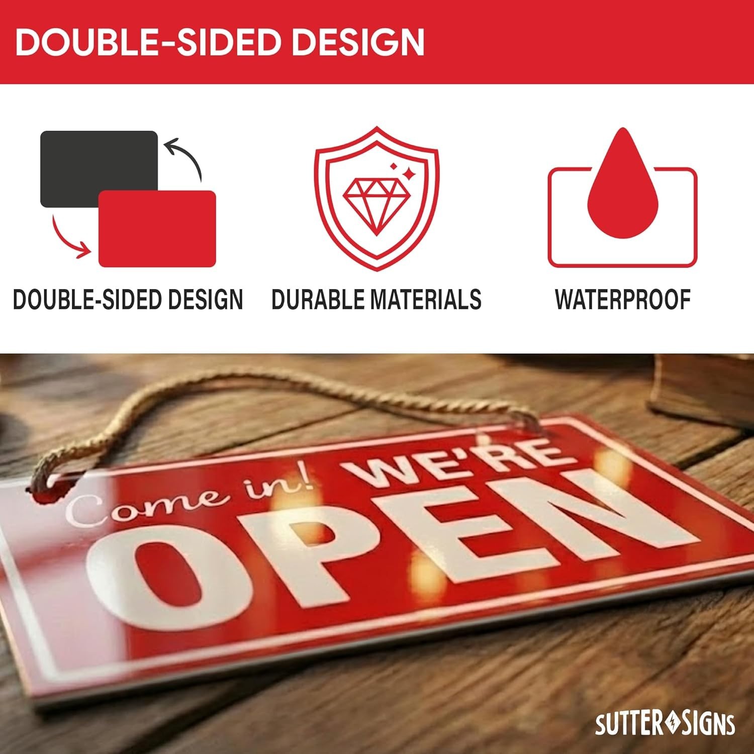 Open Closed Sign for Business, 10&Prime; X 6&Prime; Double Sided Plastic Sign with Twine, Su