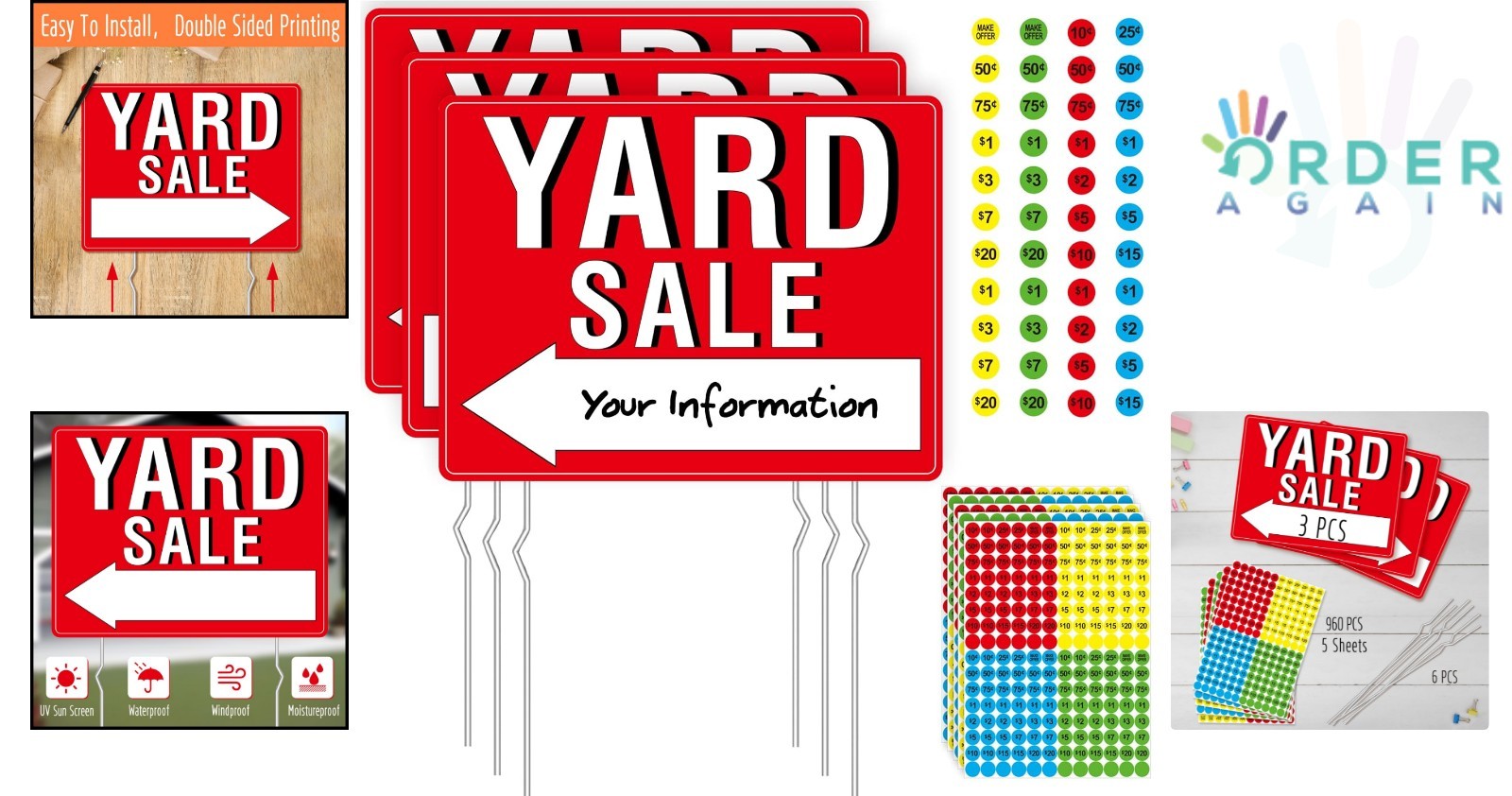 Yard Sale Signs 3 Pack Double Sided Fluorescent Plastic with Stakes & Labels