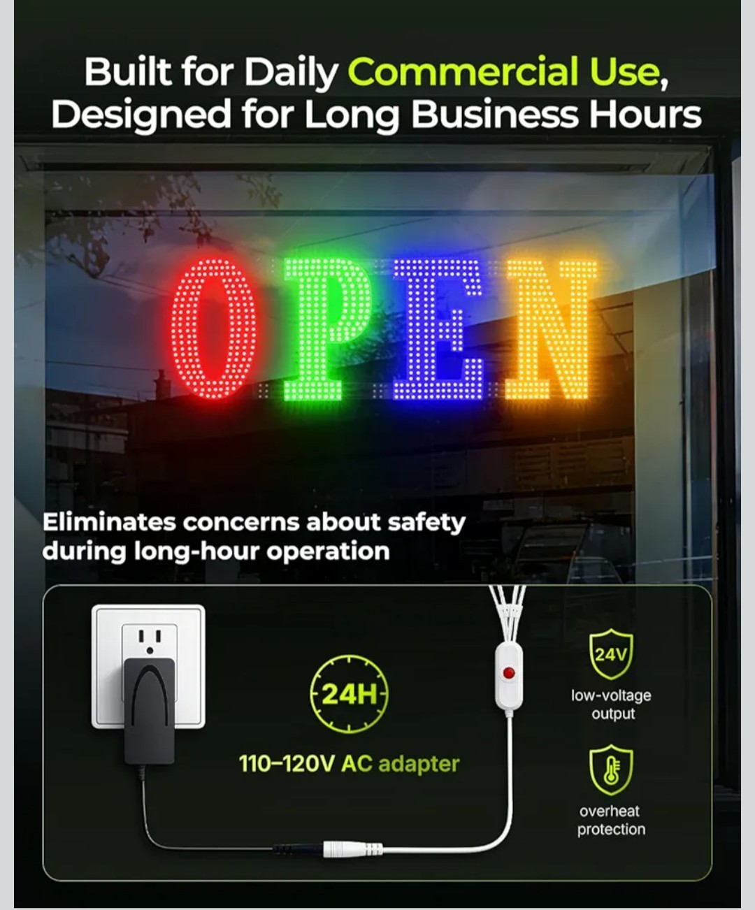 Multi-Color OPEN Sign, 40&Prime; x 14&Prime;, Adjustable Brightness & Flash Speed, Remote