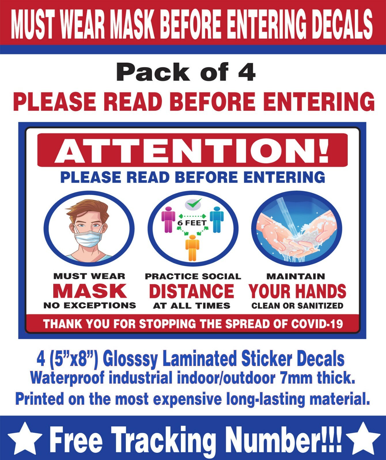 SOCIAL DISTANCING DOOR WINDOW STICKER DECAL SIGN MUST WEAR MASK ENTERING – 8X5 4