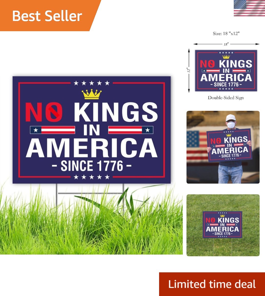 18×12 Double-Sided &lsquo;No Kings In America&rsquo; Sign – Perfect for Protests & Rallies