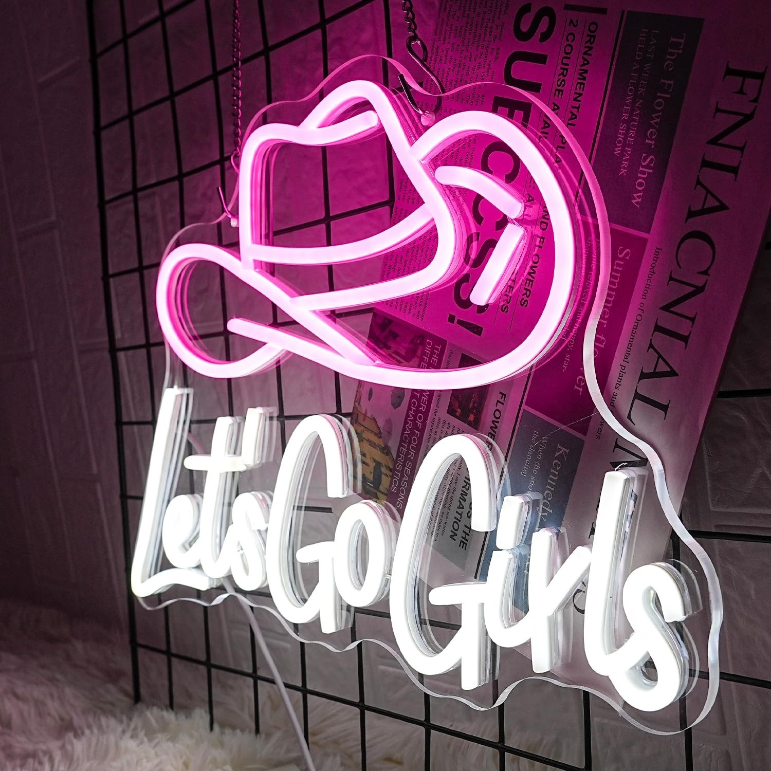Let&rsquo;s Go Girls Neon Sign Pink White Cowboy Hat Neon Signs Letter Led Light up…