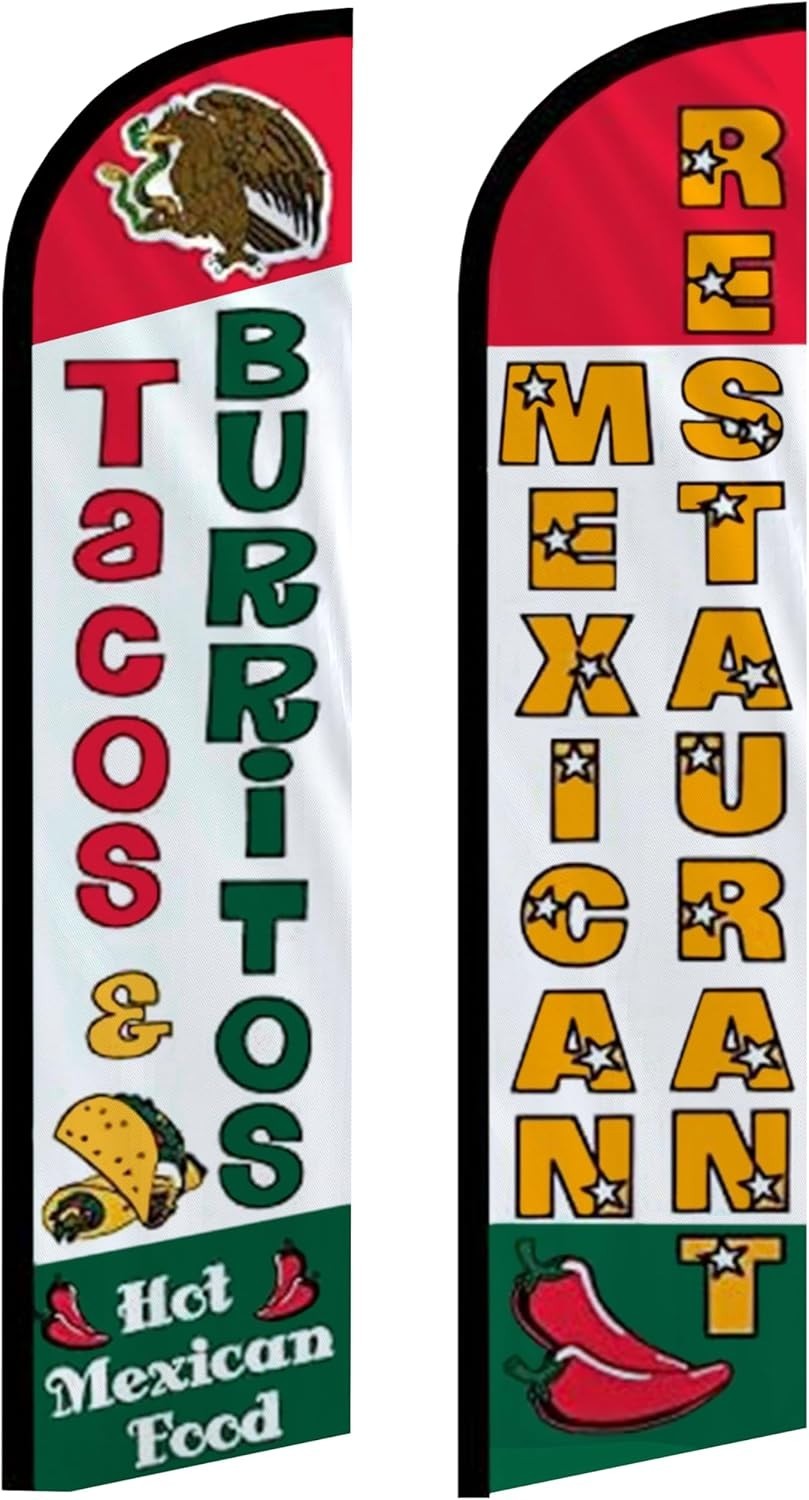 Tacos & Burritos Mexican Restaurant Full Curve Windless Swooper Flag Pack of 2