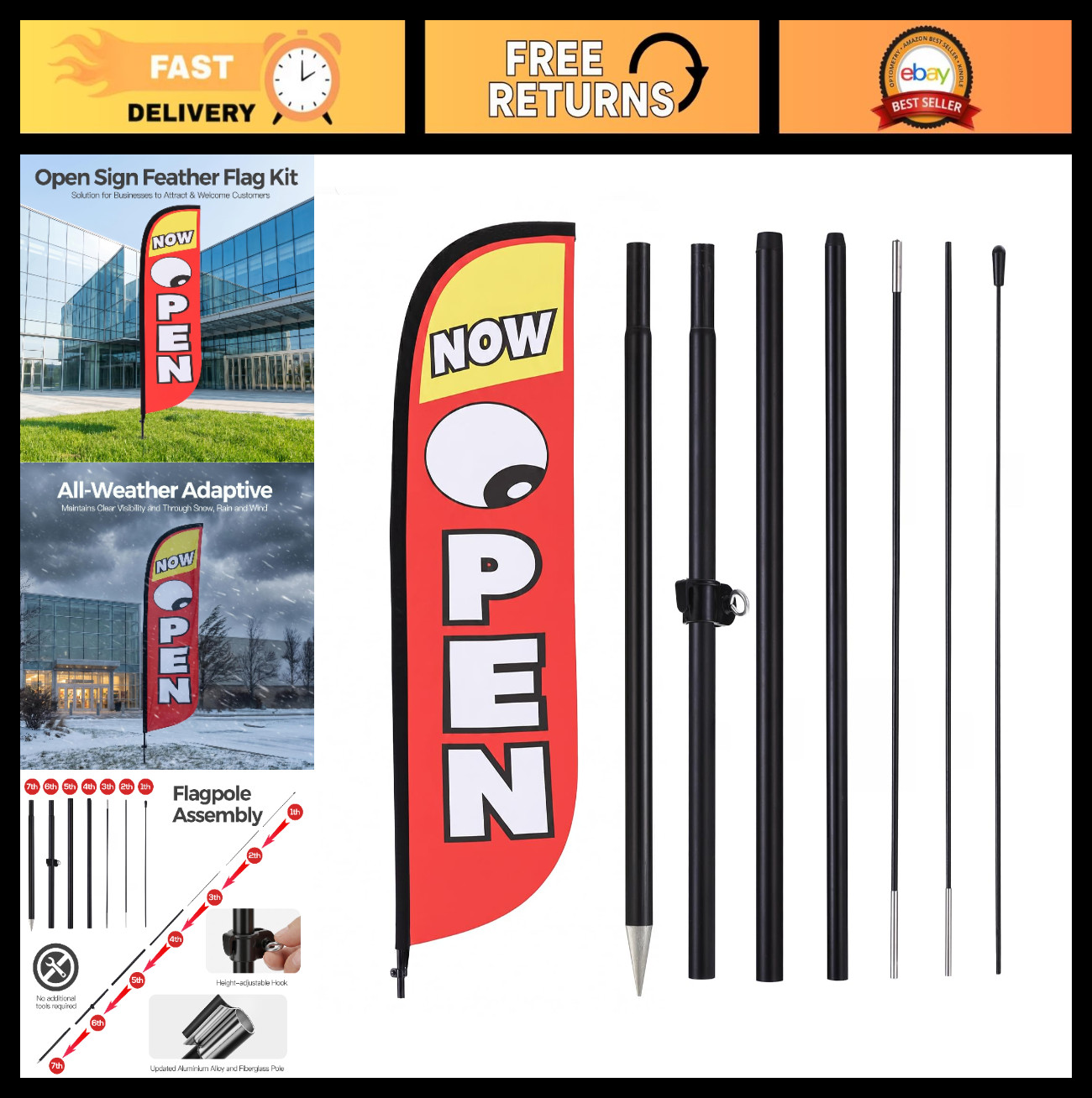 8ft Feather Flag Kit with Pole & Ground Stake – Swooper Banner for Grand Opening