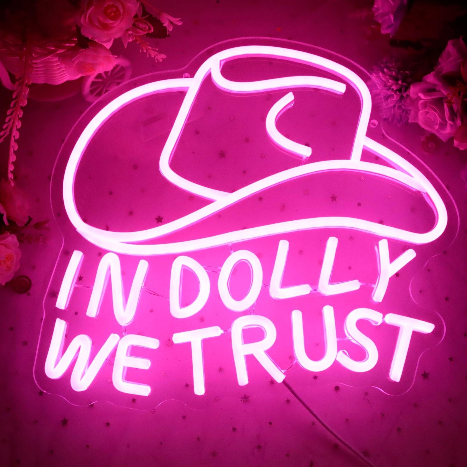 In Dolly We Trust Neon Sign, Pink Cowgirl Hat LED Signs, Country Retro Style …