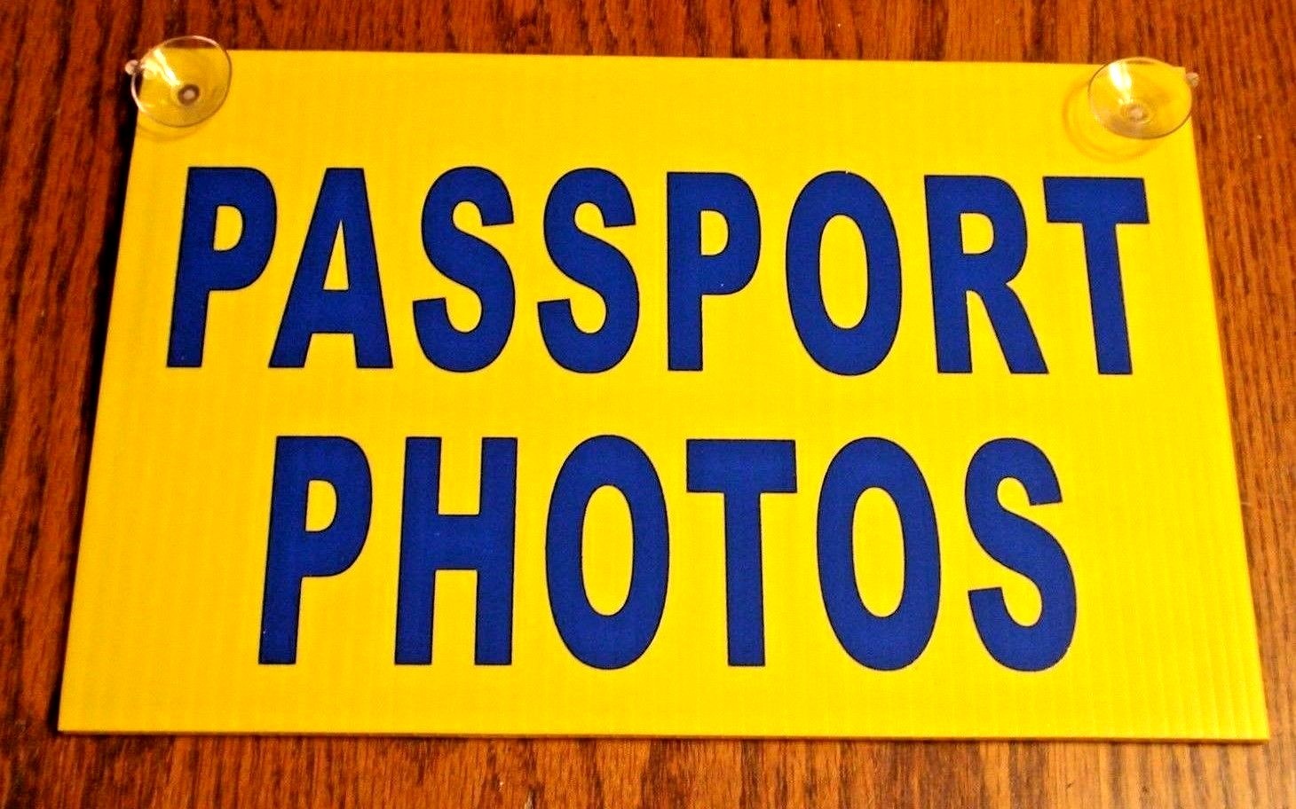 PASSPORT PHOTOS Plastic Coroplast SIGN with Suction Cups 8&Prime;x12&Prime; blue/yellow