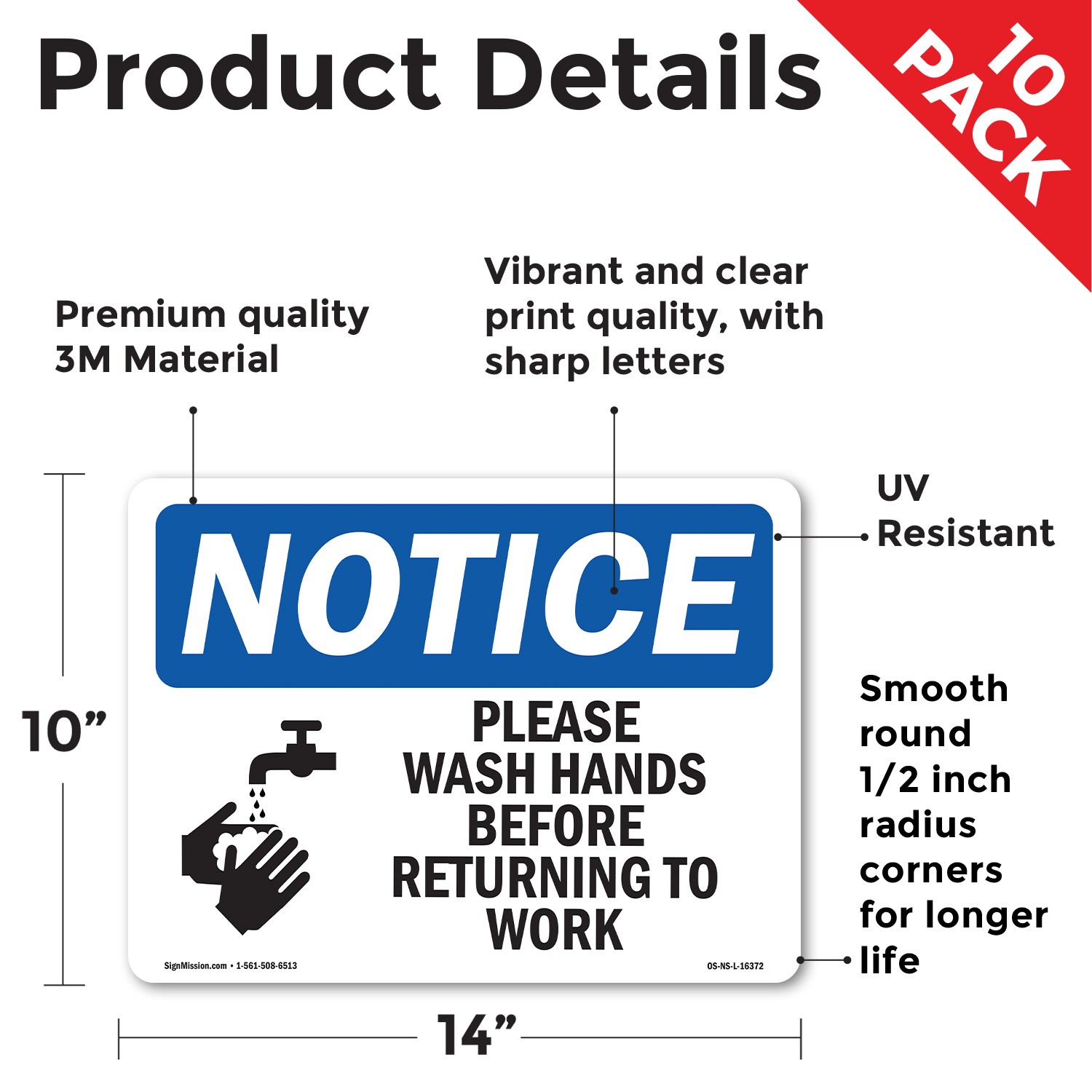 Please Wash Hands Before Returning To Work OSHA Notice Sign, Decal 5 or 10 Pack