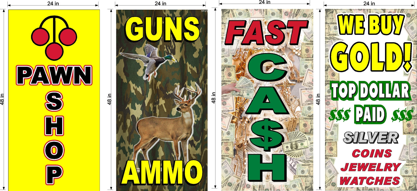 PERFORATED WINDOW DECAL PAWN SHOP CASH FOR GOLD AMMO LOT OF 4 2&prime; X 4&prime; VERTICAL