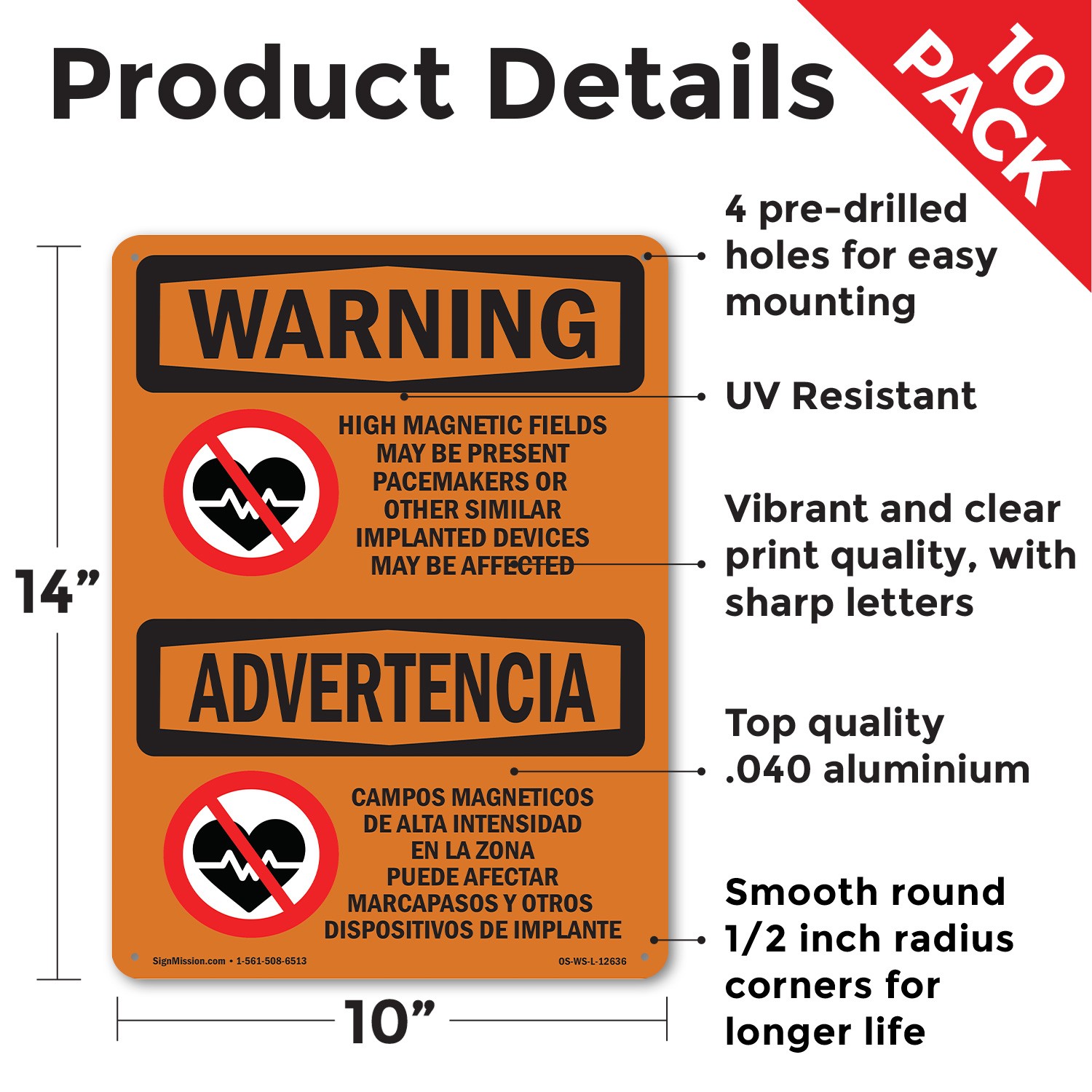 High Magnetic Fields Pacemakers Bilingual OSHA WARNING Sign, Decal 5 or 10 Pack