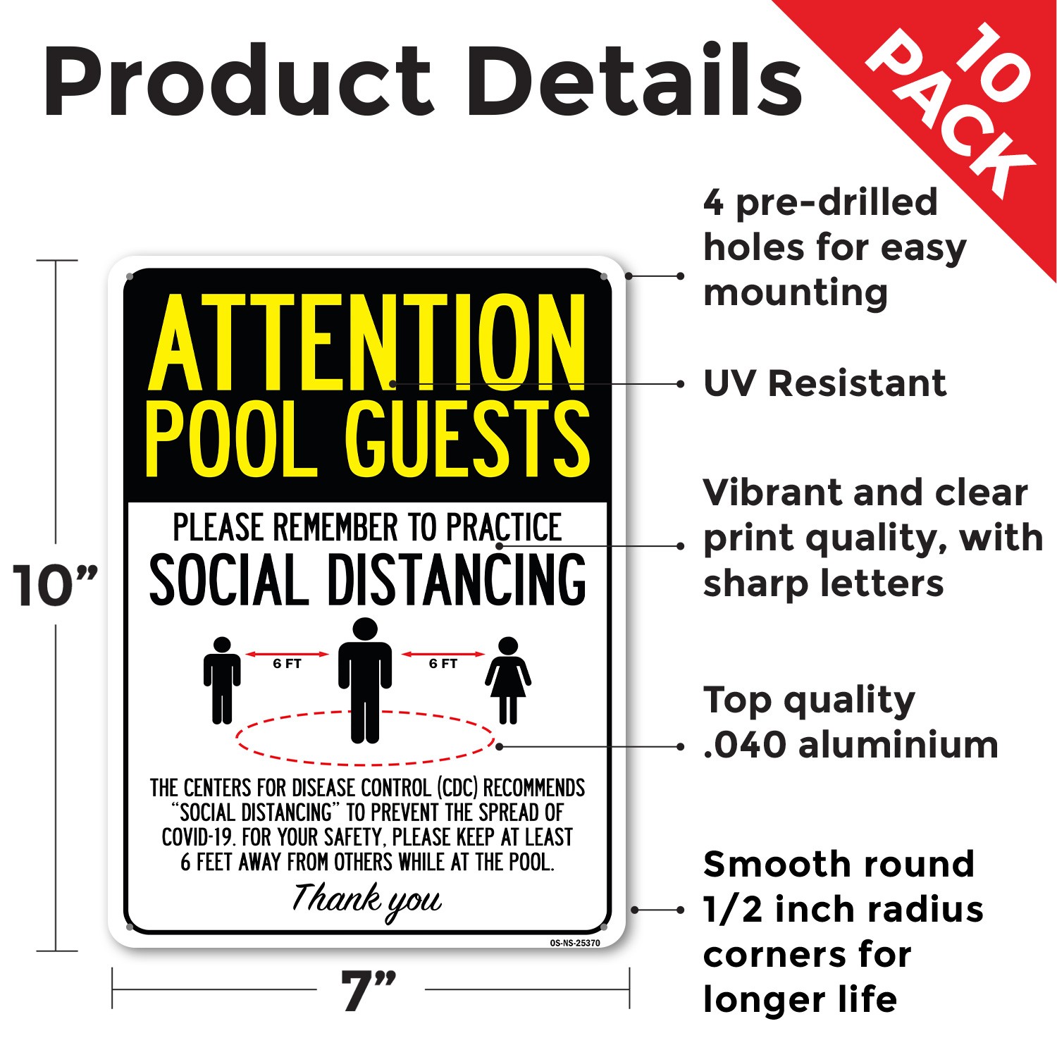 Attention Pool Guests Practice Social Distancing Public Safety Sign 5/10 Pack