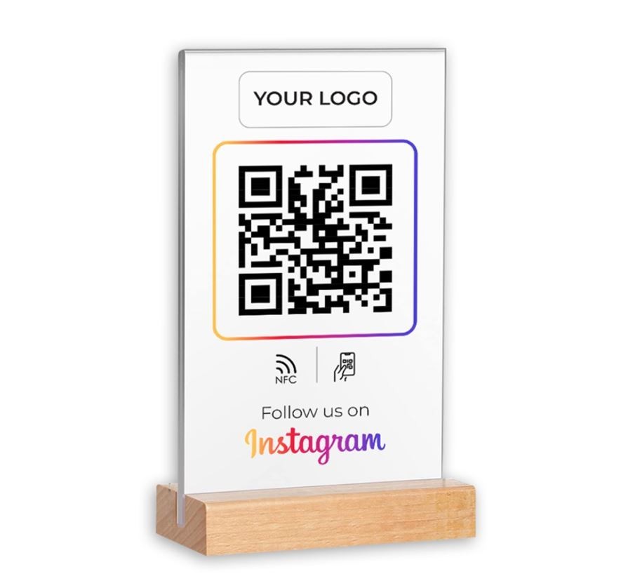 6×8 Inches Size Dual NFC Enabled & QR Code Acrylic Stand with Wooden Base
