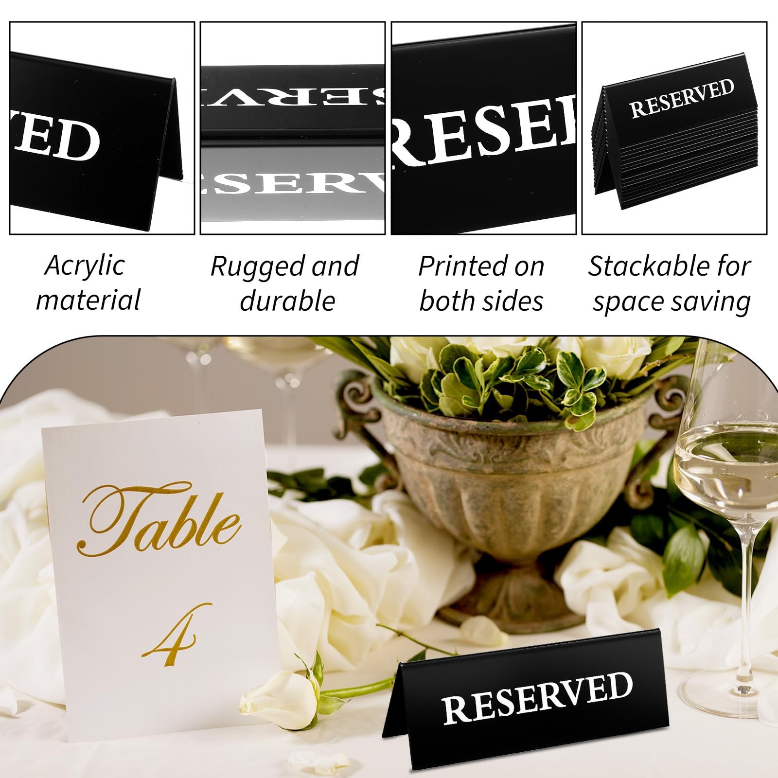 20 PCS Reserved Table Signs 6×2 Inches Black Acrylic Double Sided Seating