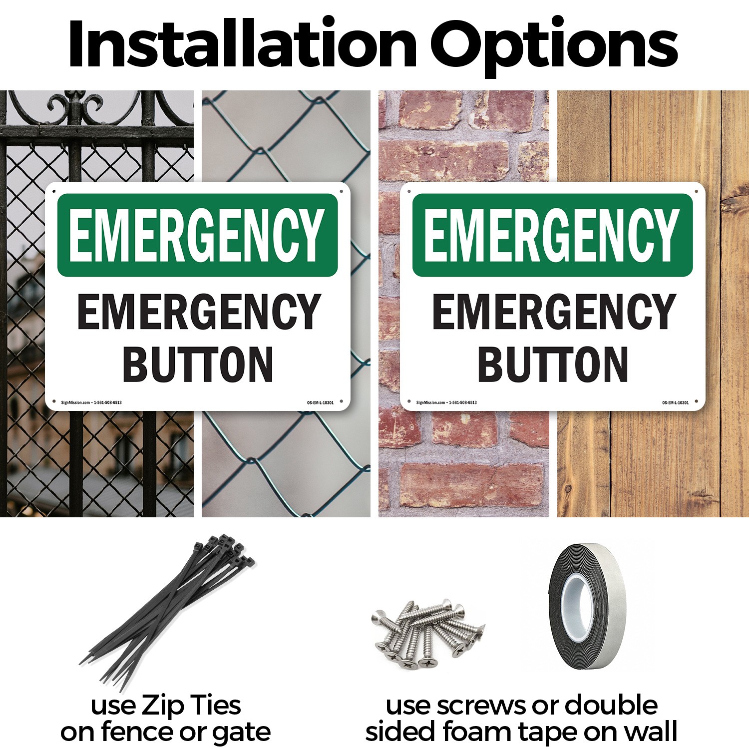 Button OSHA Emergency Sign Metal, Plastic, Or Decal – 5 or 10 Pack