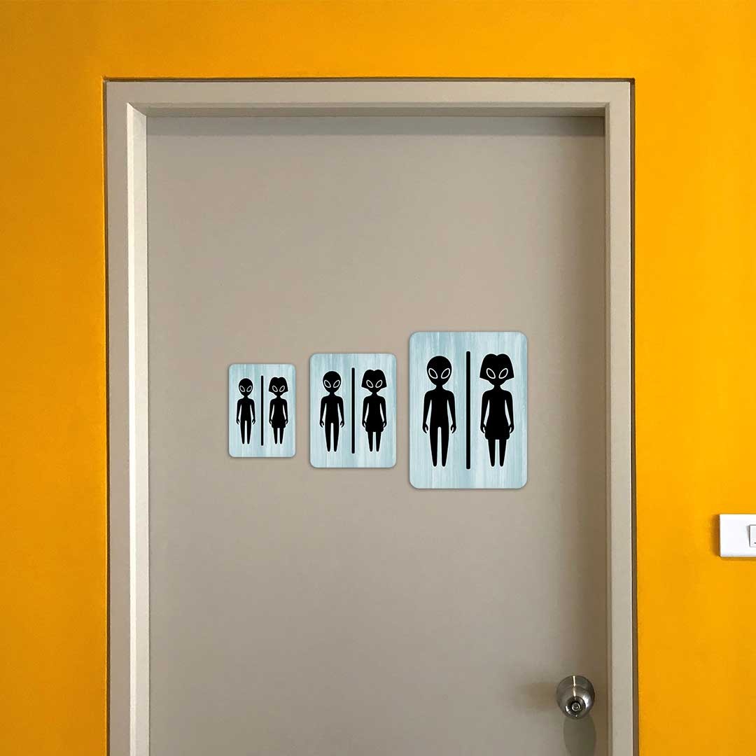 Portrait Round Plus – Fun Aliens Restroom Wall or Door Sign | Fun Restroom Sign